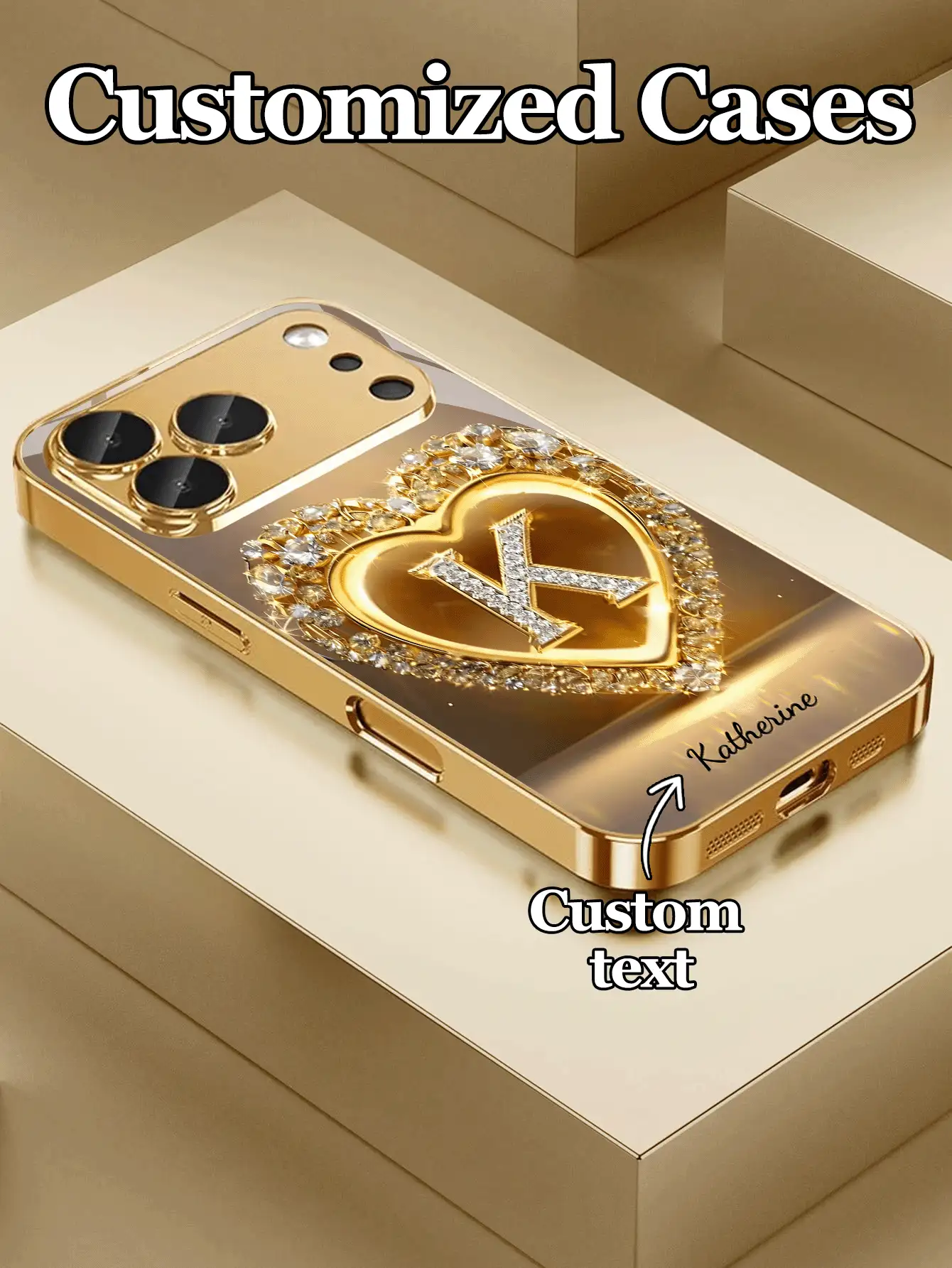 1pc Customizable 26 Letters & Name Design With Gold Rhinestone Heart Pattern Electroplated Tempered Glass Phone Case, Compatible With Iphone 17 Pro Max/17 Air/16/15/13/12/11/XS Max/6 7 8 Plus, High-End Business Custom, Built-In Lens Protector, Holiday Gift, Birthday Gift, Couples, Pets, Friends, Classmates, Siblings, Family, Fashionable High-Definition Protective Cover - Gold - View 2