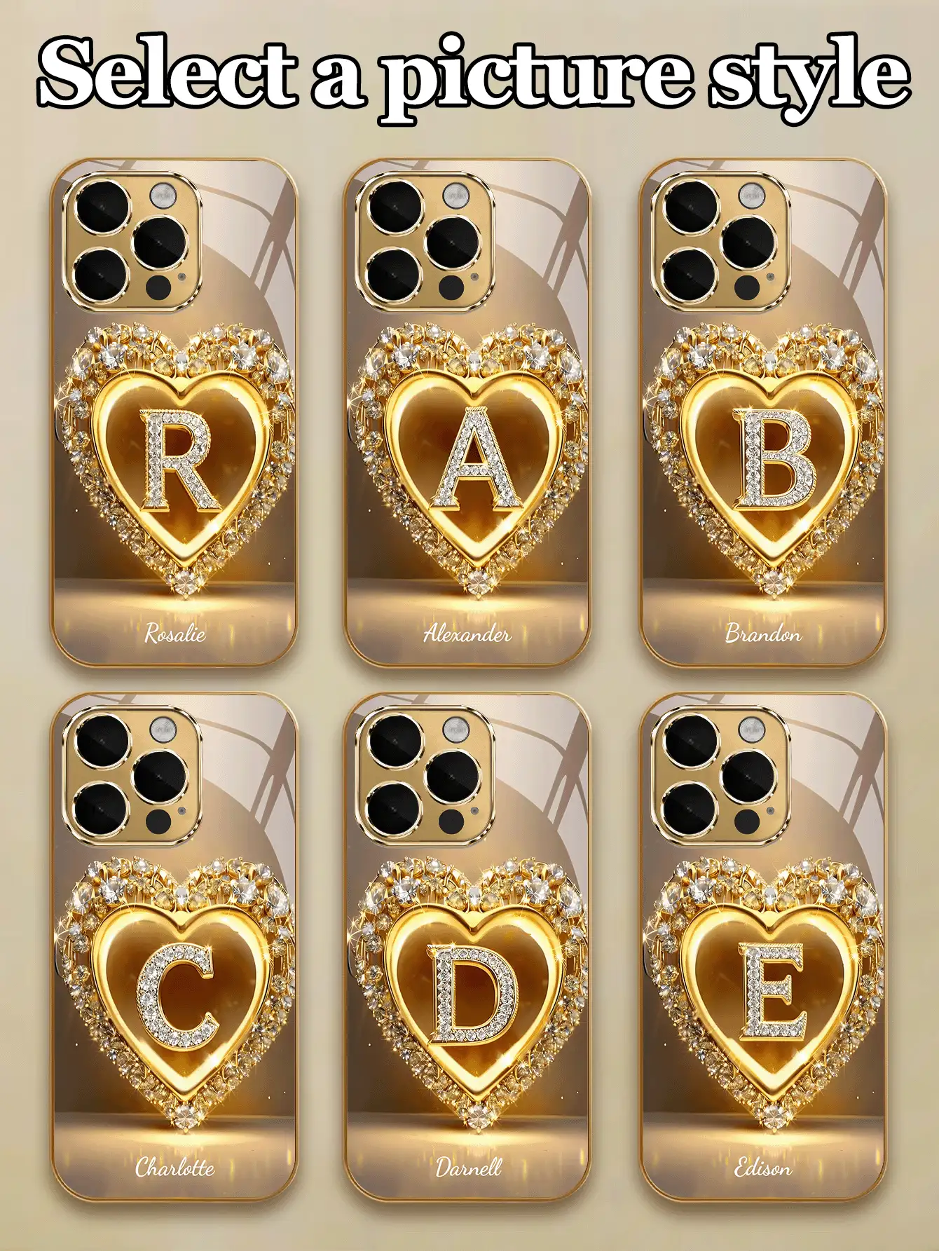 1pc Customizable 26 Letters & Name Design With Gold Rhinestone Heart Pattern Electroplated Tempered Glass Phone Case, Compatible With Iphone 17 Pro Max/17 Air/16/15/13/12/11/XS Max/6 7 8 Plus, High-End Business Custom, Built-In Lens Protector, Holiday Gift, Birthday Gift, Couples, Pets, Friends, Classmates, Siblings, Family, Fashionable High-Definition Protective Cover - Gold - View 3
