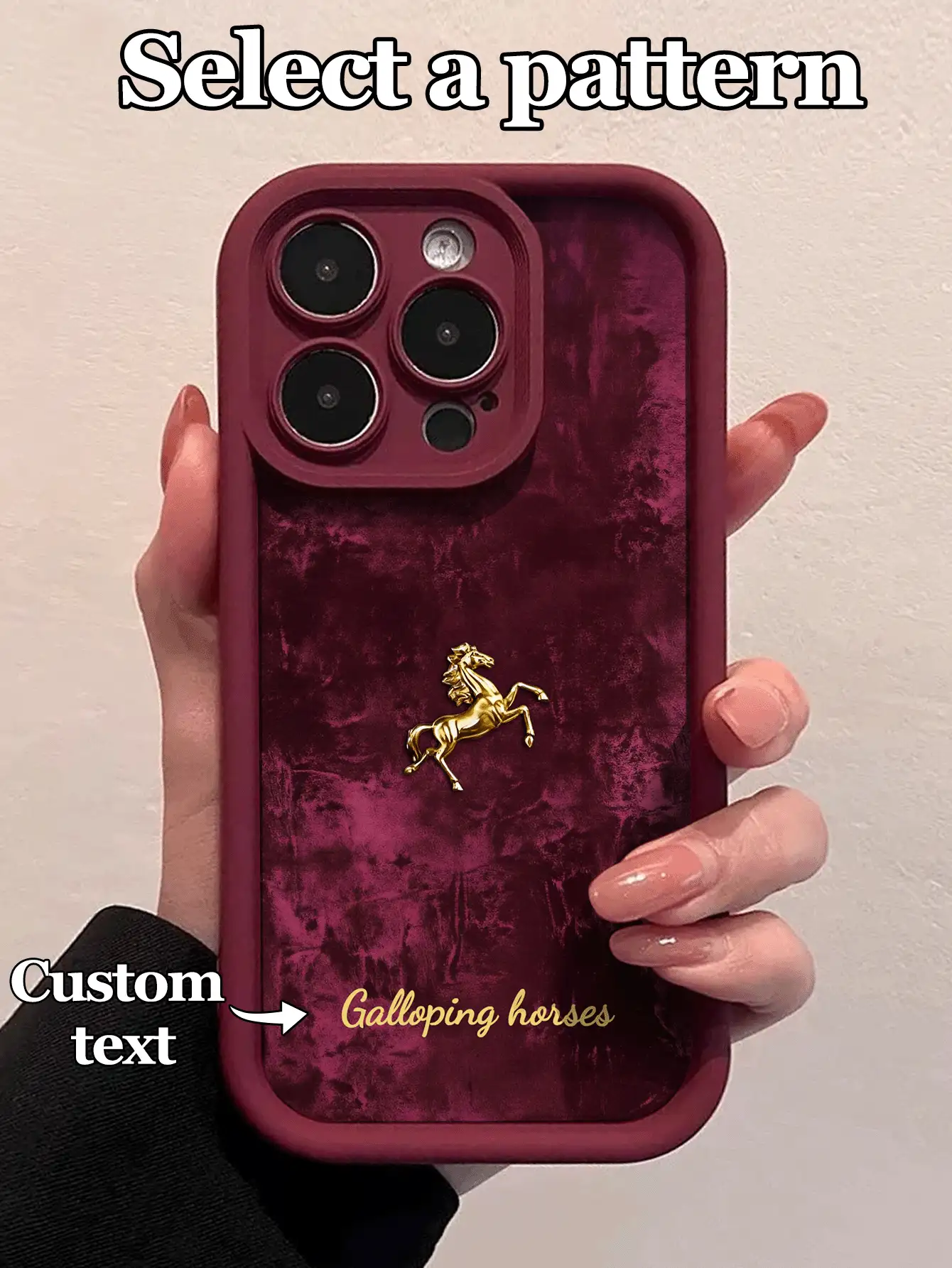1pc Customizable Phone Case With Gold Galloping Horse Design And Text, Compatible With IPhone 17 Pro Max/17 Air/16E/15/14 Plus/13/12/11, A21S/S24/20 Ultra, Compatible With Redmi Note 13 Pro Plus, Made Of TPU Material, New Burgundy Color, 2026 Year Of The Horse Main Image Design, Fashionable And Personalized Anti-Drop, Best Gift For Family And Friends,International Version, Not The Domestic Version - Burgundy - View 2