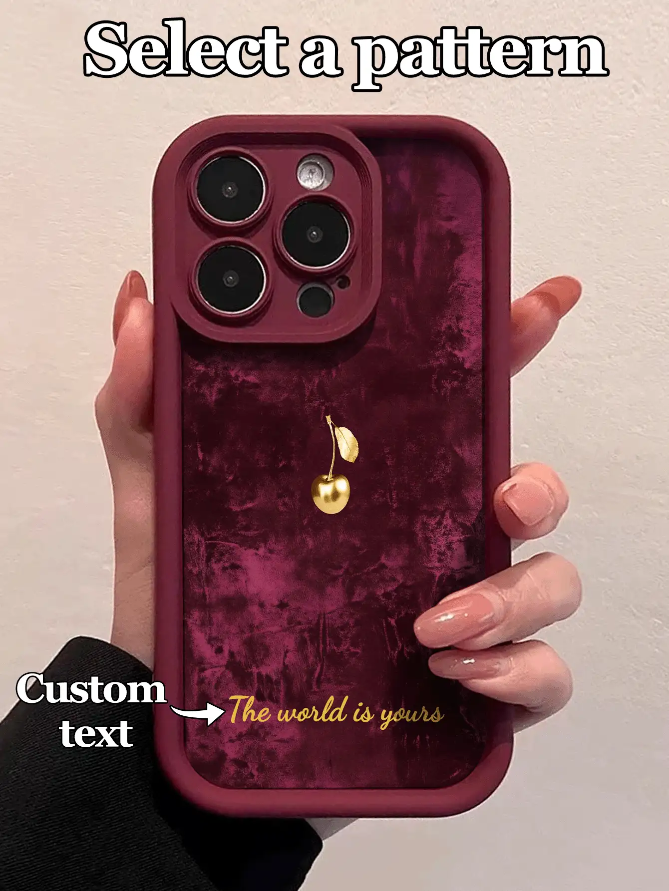 1个可定制文字酒红色竹丝樱花水果图案手机壳保护套，兼容 17 Pro Max/17 Air/16 E/15/14 Plus/13/12/11、A21S/S24/20 Ultra、Note 13 Pro Plus，采用TPU材质，全新酒红色TPU，艺术图案，时尚防震，是馈赠亲朋好友的理想之选。 - 酒紅色 - 查看 2