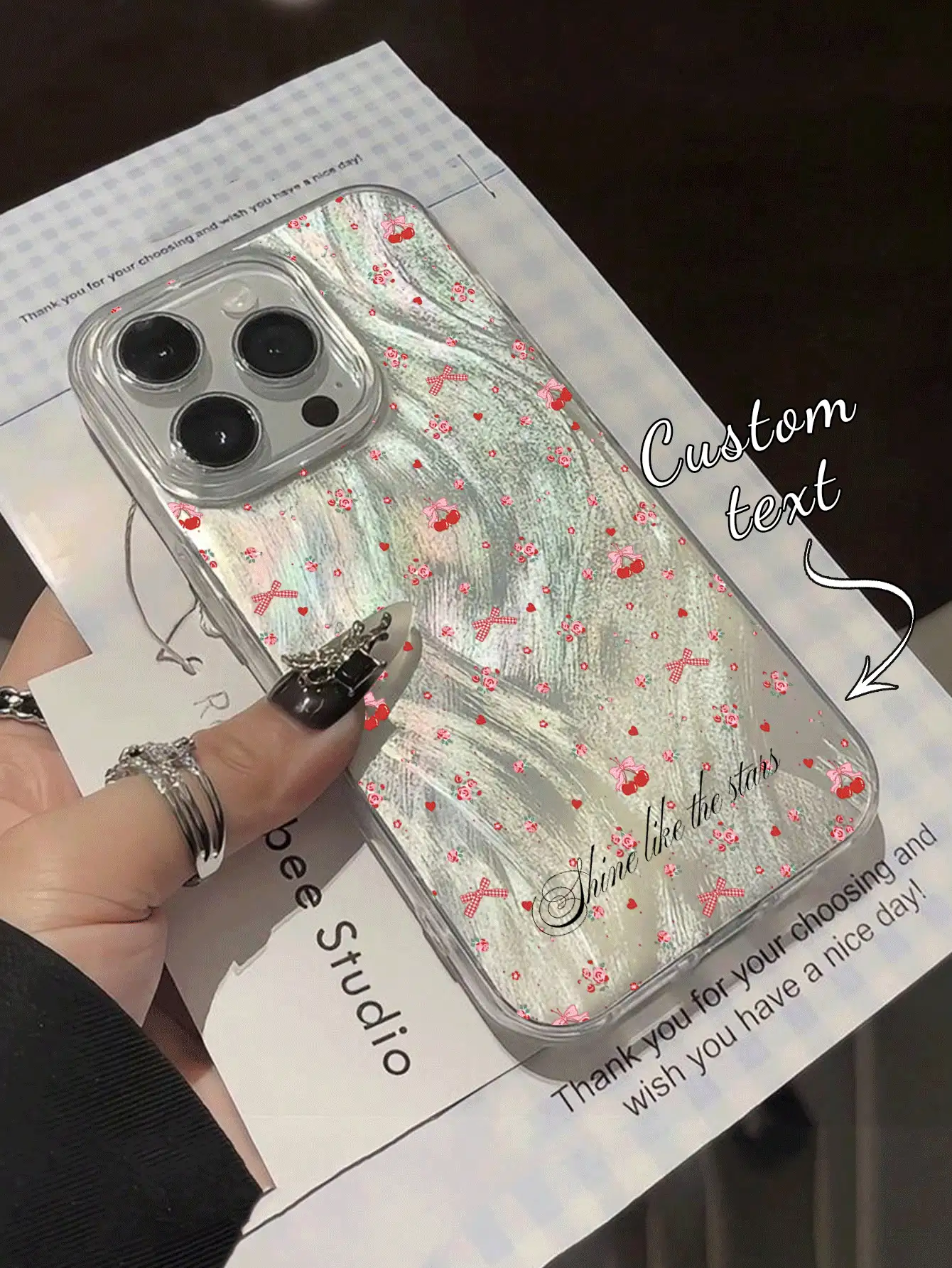 1 pieza Funda de teléfono personalizada con nombre, patrón floral minimalista con brillo, resistente al agua y a los golpes, compatible con Apple 17 Pro Max/16 Pro Max/15 Pro/14 Plus/13 Pro/12 Pro Max/11/Xs Max/8/7, transparente, suave, brillante y lisa - Multicolor - Ver 2