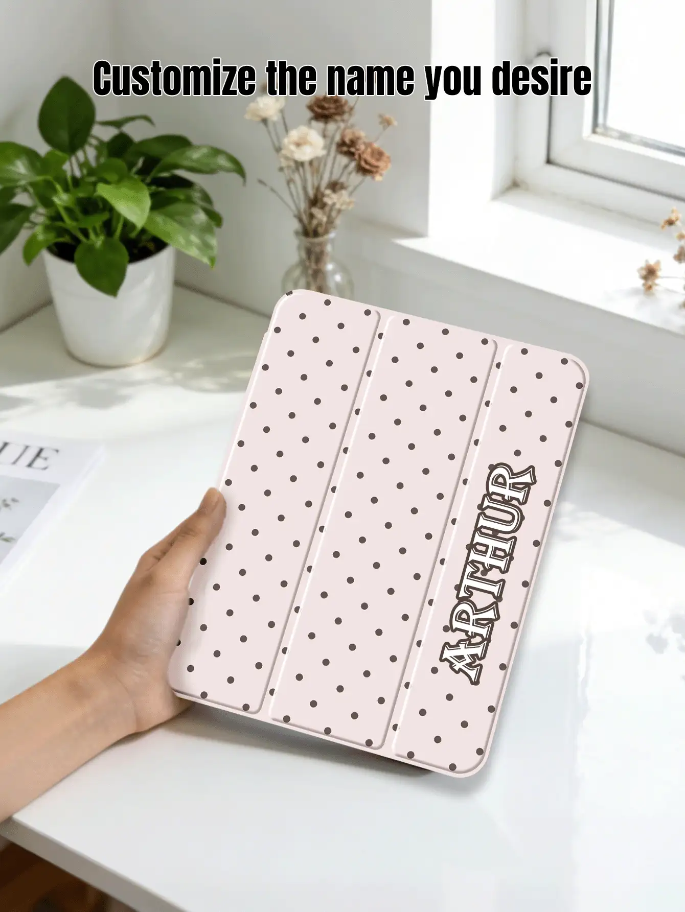 1pc Polka Dot Pattern Customized Tablet Case, Suitable For 10th/11th/10.2/10.5/Air4/Air5/10.9/Pro11/Air 11-In.(M2)-2024/Pro 11-In.(M4)-2024/ Air 11-Inch (M3) 2025/ (A16) 11 Inch 11th Generation 2025 Mini6/Mini7/Mini4/Air1/Air2/9.7, Tab A8 10.5 Inch 2022, Pink, Built-In Pencil Slot, Magnetic Sleep/Wake, Tri-Fold Stand, Minimalist/Cute Design. Note: Pencil Not Included, And Left Pencil Slot Cannot Be Charged Directly. - Pink - View 4