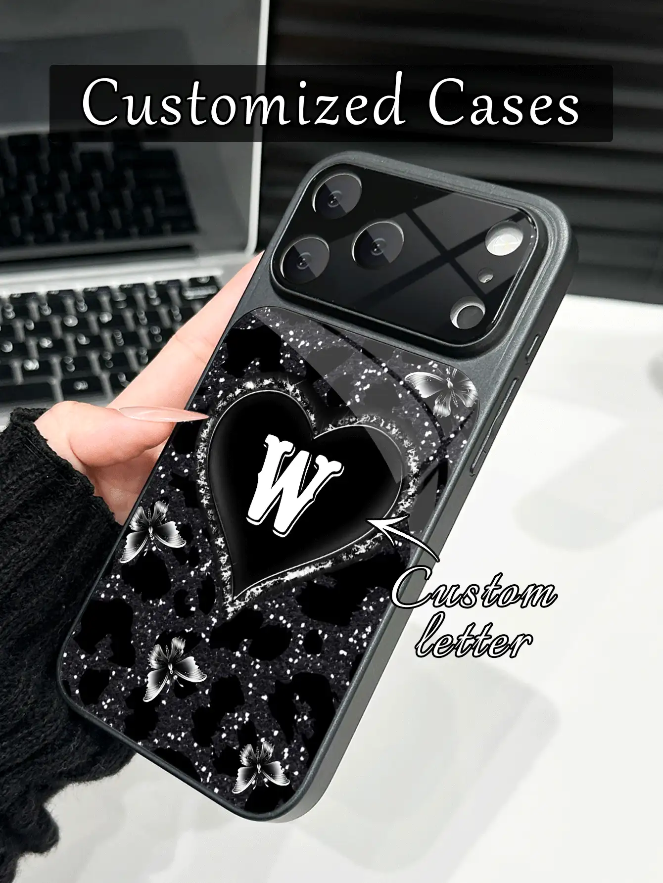 1pc Customized Letter Phone Case, Butterfly, Heart, Leopard Print Pattern, Gift For Friends, Couples And Family. Compatible With IPhone 17/17Pro/17ProMax/17Air/16/16Pro/16ProMax/16Plus/15/15Plus/15Pro/15ProMax/14/14Plus/14Pro/14ProMax/13/13Pro/13ProMax/12/11, Large Window Glass Matte Shell, Upgraded Full Camera Protection, Shock-Proof, Scratch-Resistant, High-End Protective Cover - Black - View 2
