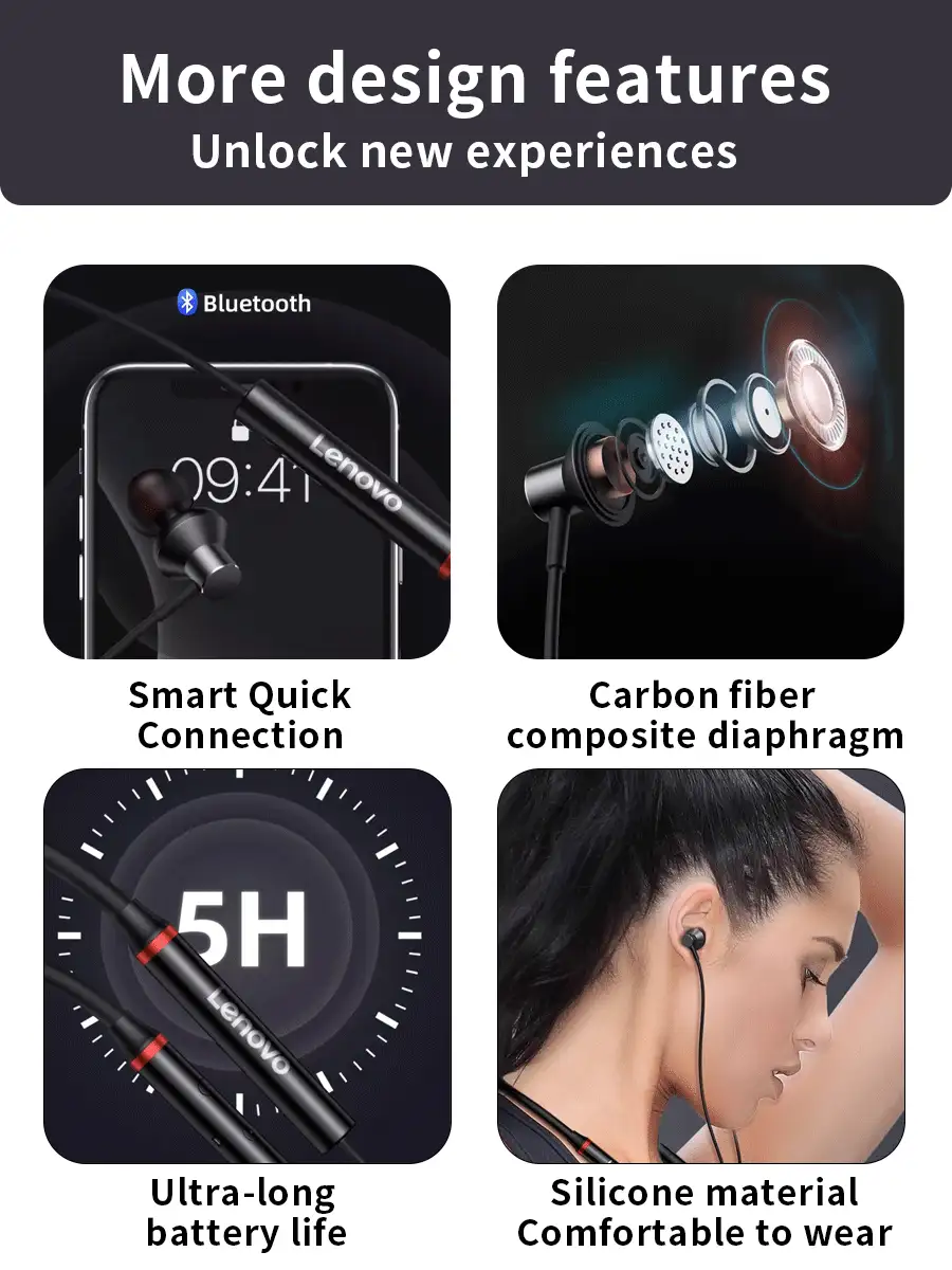 Lenovo HE05X Bluetooth Headphones, Magnetic Wireless Headset With High-Quality Audio, Low Latency, Waterproof Design For Sports, Running, Cycling, Calls And Music - Black - View 6
