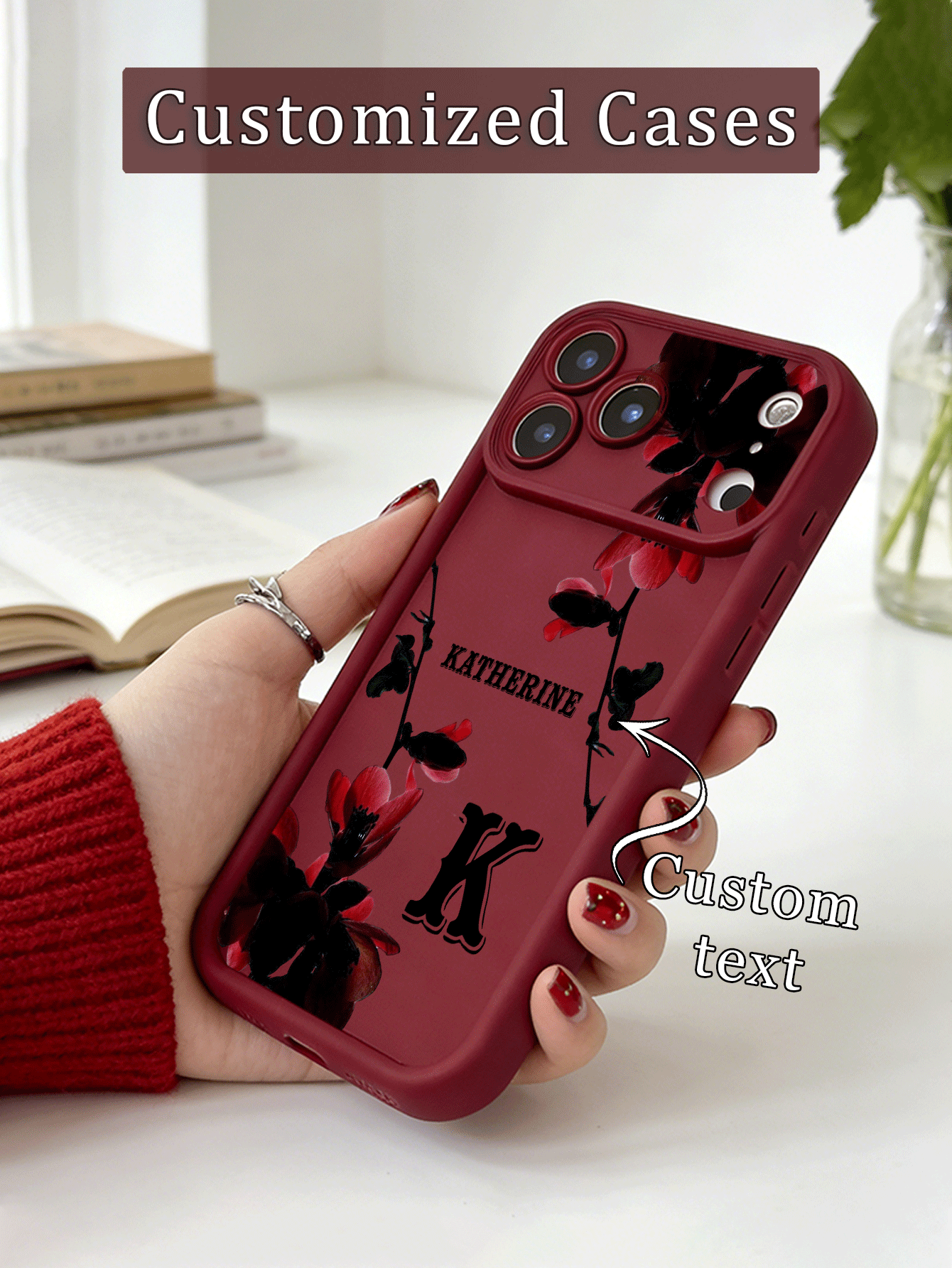 1 pièce Étui de téléphone personnalisé avec lettre, motif de branche florale bordeaux en ombre, protection en silicone TPU renforcée, couverture complète, antichoc et protection de l'objectif. Convient pour les accessoires de téléphone et Apple 17/17Pro/17ProMax/17Air/16/16Pro/16ProMax/16Plus/15/15Plus/15Pro/15ProMax/14/14Plus/14Pro/14ProMax/13/13Pro/13ProMax/12/11. Étui de protection de haute qualité - Rouge foncé - Voir 2