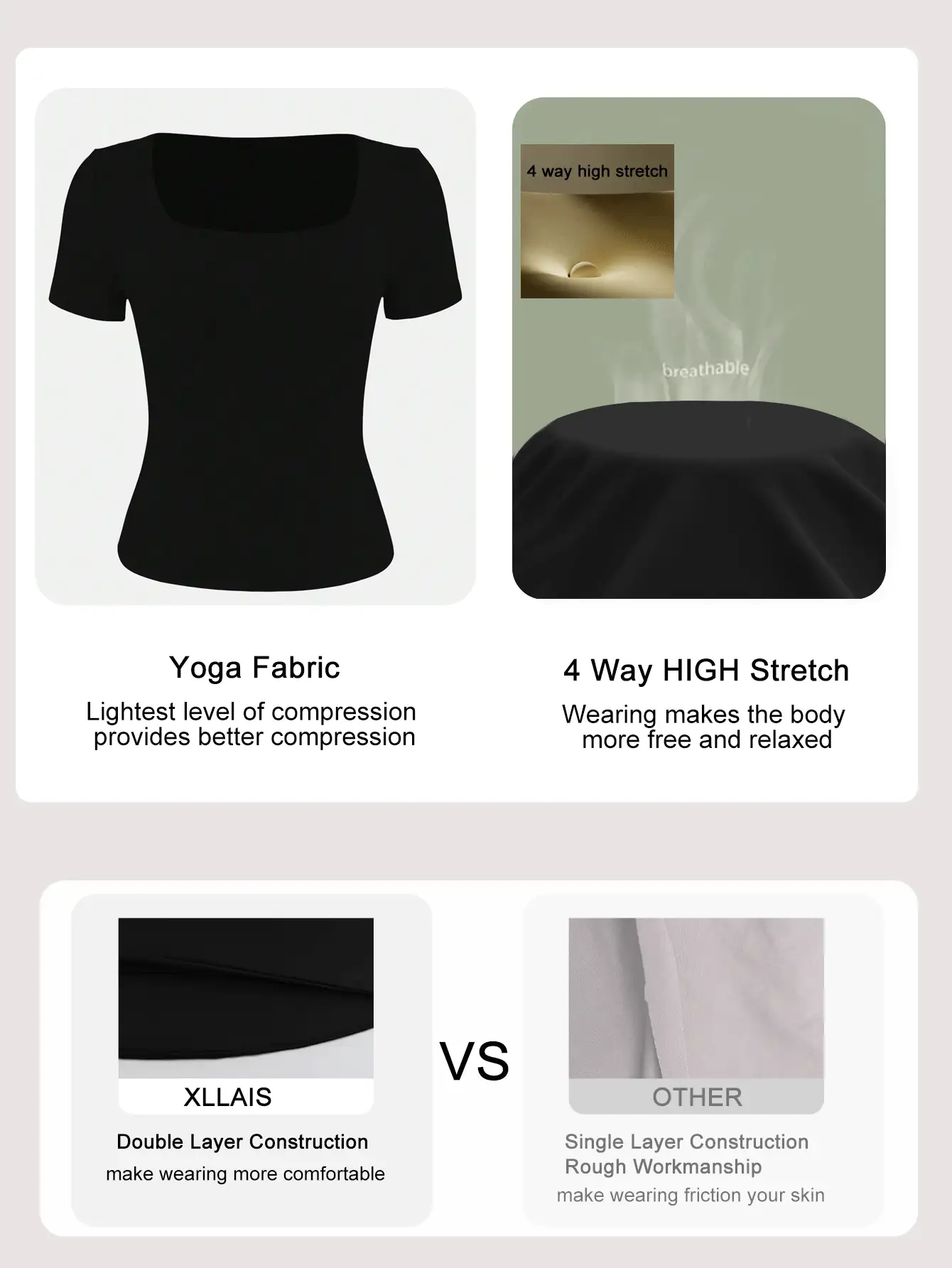 XLLAIS Áo thun nữ mùa hè 2026 cổ vuông tay ngắn, chất liệu co giãn cao cấp, vải yoga, kiểu dáng thể thao thường ngày, màu đen, thích hợp cho mùa xuân. - màu đen - Xem 4