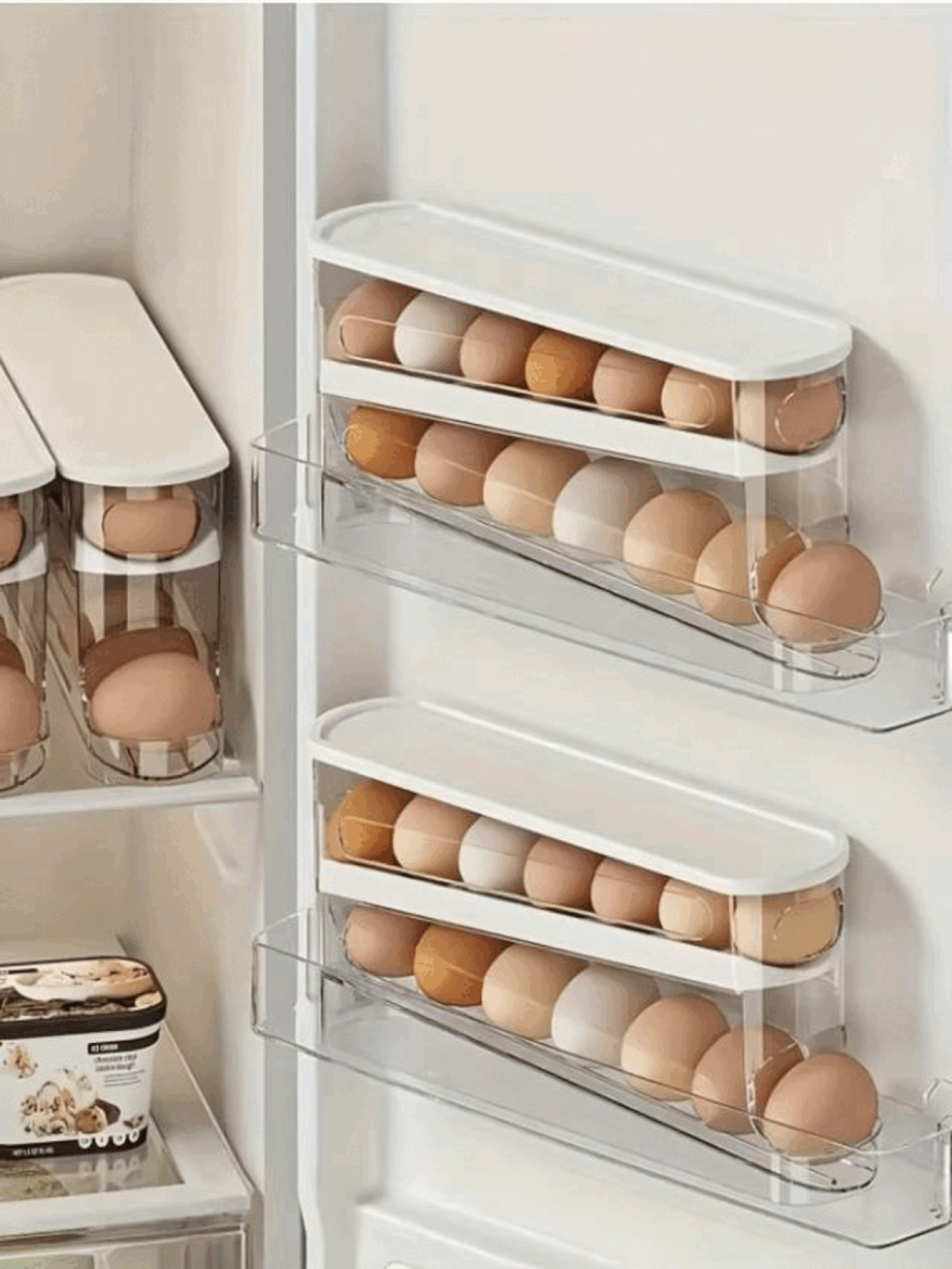 Space-Saving Egg Holder, Refrigerator Side Door Rolling Egg Storage Box, Heavy Duty Rolling Egg Tray, 2-Layer PP Plastic Fresh Refrigerator Egg Storage System, Transparent Divider For Easy Egg Access And Organization, No Battery Required, Kitchen And Refrigerator Egg Storage Box - Clear - View 2