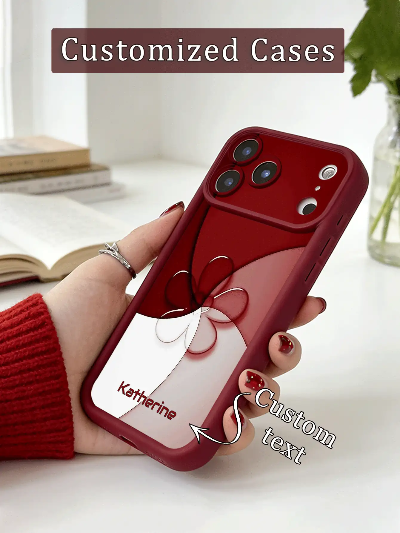 1pc Customized Name, Red Bow Tie Design TPU Bumper Thick Shockproof Protective Phone Case Compatible With Apple 17 Pro Max/16 Pro Max/15 Pro/14 Plus/13 Pro/12 Pro Max/11/Xs Max/8/7 Phone Accessories - Burgundy - View 2