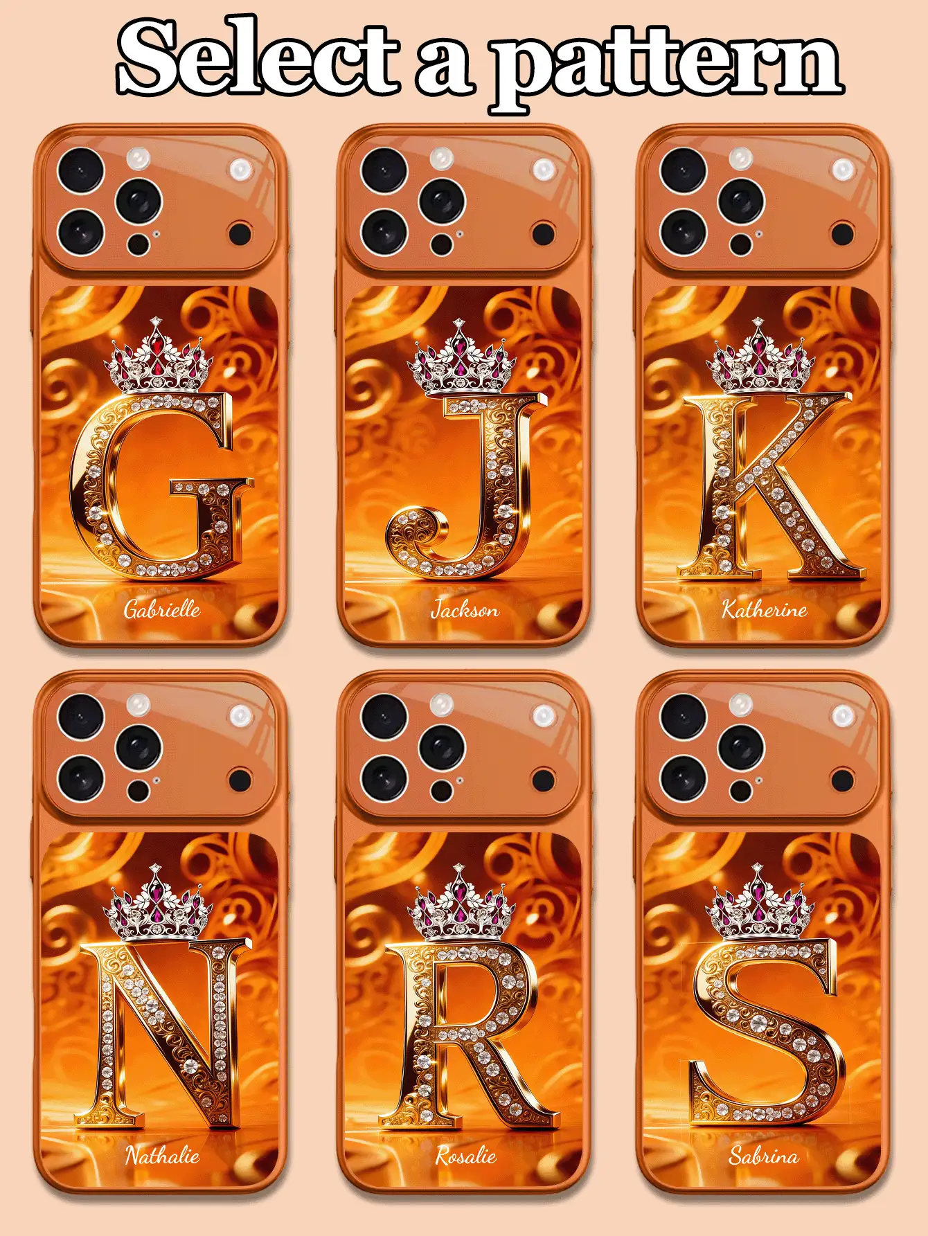 1pc Customizable Text & Letter Design Crown Rhinestone Decor Tempered Glass Phone Case, Compatible With IPhone 17 ProMax/17 Air/15/16 Pro/14 Plus/13 Pro/12 Pro Max/11, UV Printing, Tempered Glass Camera & Back Protection, Large Window Phone Protective Cover, Best Gift For Friends And Family - Orange - View 2