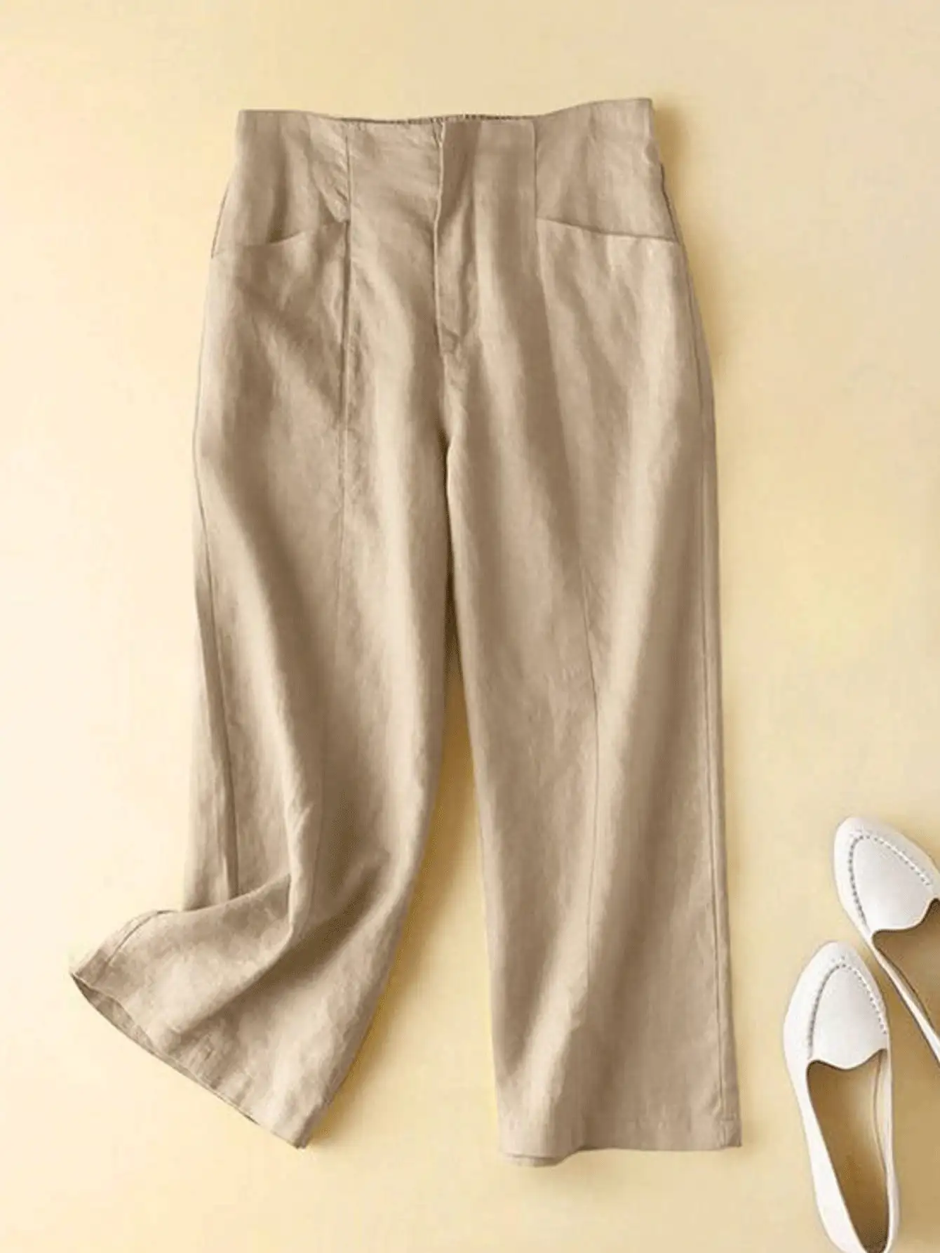 Comfortable Casual High Waist Elastic Linen Pants, Draping Effect, Suitable For Autumn & Summer - Apricot - View 3