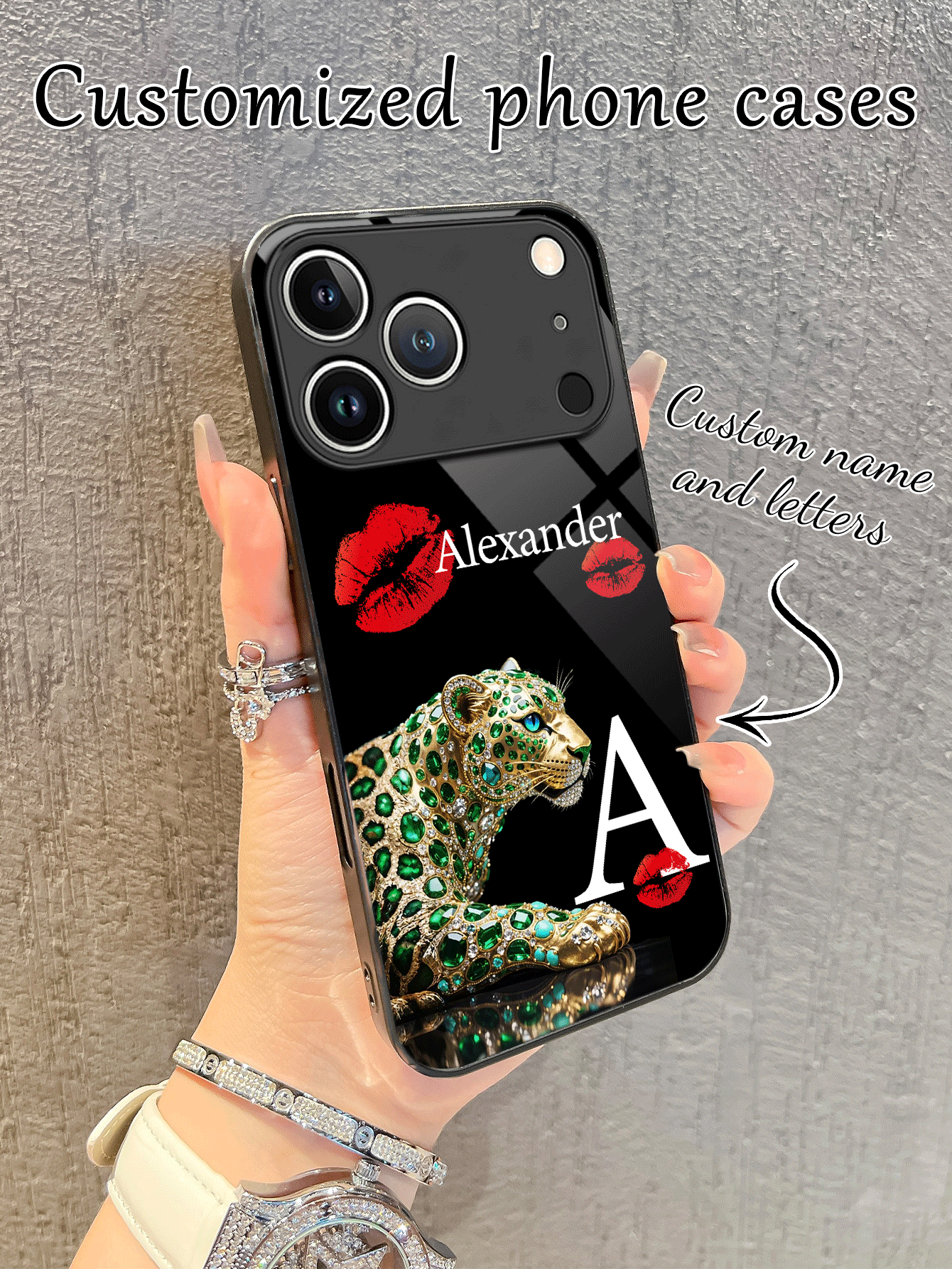 1pc DIY Customized Emerald Leopard Print Red Lip Initial Name Phone Case, Liquid TPU Full Edge + Tempered Glass Material, Shock-Resistant Scratch-Resistant Phone Shell Compatible With Apple 17 ProMax/16 ProMax/15 Pro/14 Plus/13 Pro/12 Pro Max/11/Xs Max/8/7/6 Plus, S24 Ultra/S25 Ultra, /, Fashionable Black Glass Protective Cover - Black - View 2