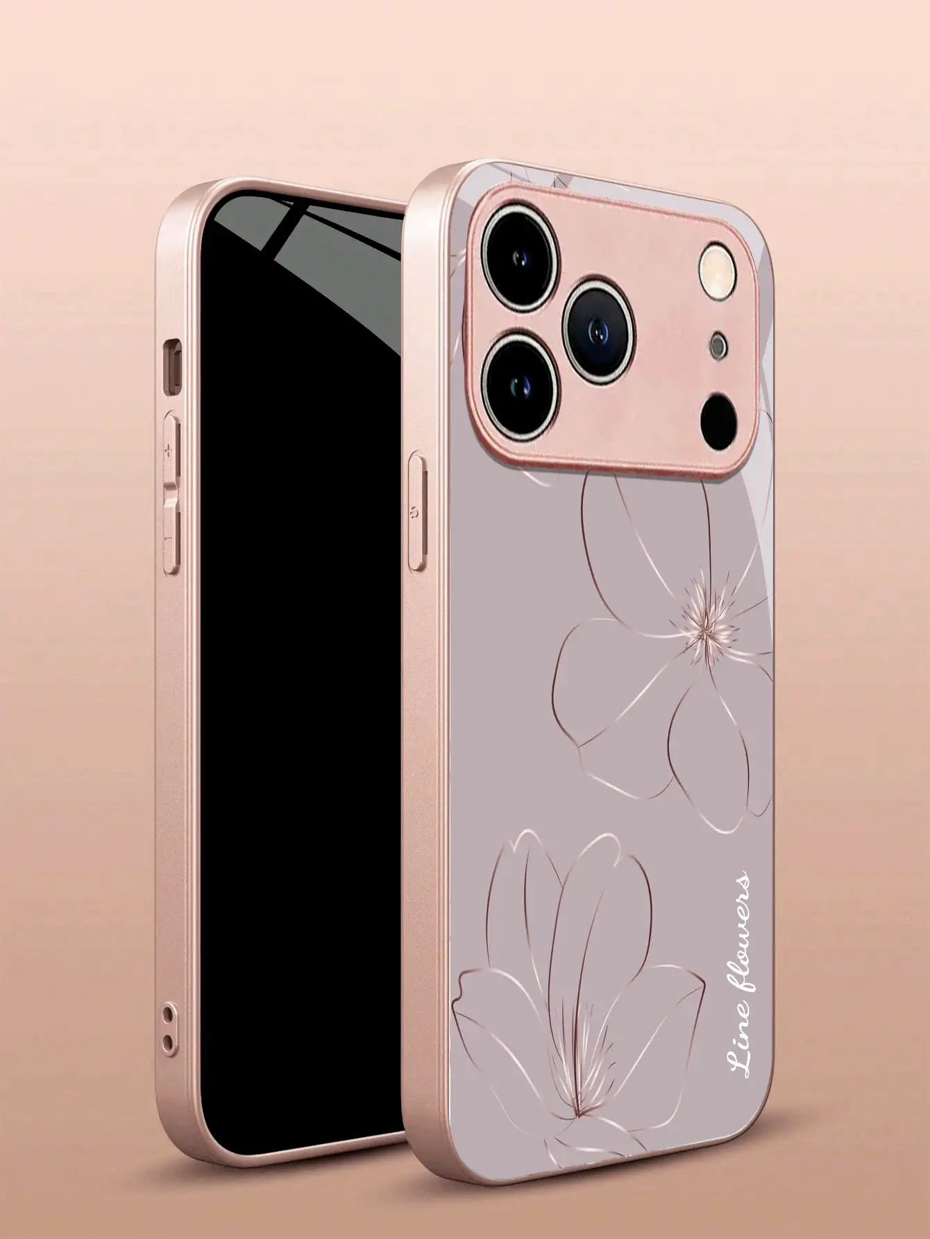 1pc Customizable Text With Gray Background, Rose Gold Line Floral Design TPU+PC Tempered Glass Material Phone Case Compatible With IPhone 17 Pro Max/17 Air/16 Pro Max/15 Pro/14 Plus/13 Pro/12 Pro Max/11/Xs Max/8/7/6 Plus, S24 Ultra/S25 Ultra/A12/A55/A31/A22, UV High-Definition Printing, Business Creative Elegant, Fashionable Luxury, Holiday Party Gift, Pink High-End Protective Case - Pink - View 2