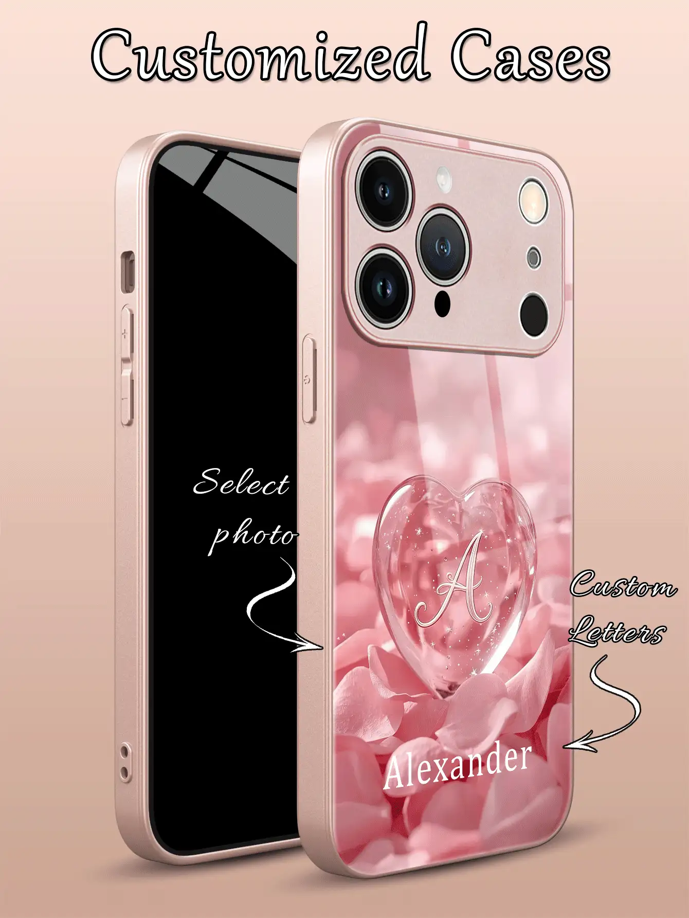 1pc Customizable Pink Heart Crystal Initial Name Phone Case, TPU Soft Edge + Tempered Glass Back, Compatible With Samsung S24 Ultra/S25 Ultra And Apple 17 Pro Max/16 Pro Max/15 Pro/14 Plus/13 Pro/12 Pro Max/11/Xs Max/8/7/6 Plus Phone Accessories - Pink - View 2