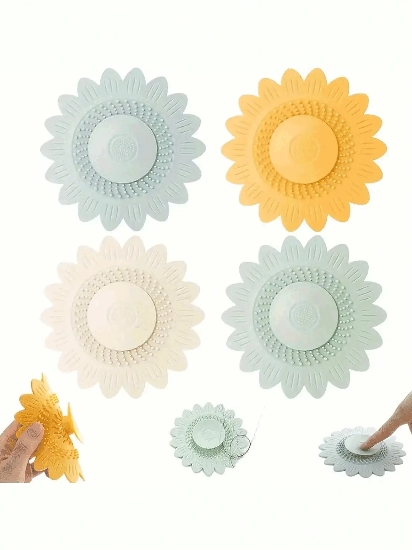Flower-Shaped Press-Type Sink Strainer, Floral Design Sink Cover, Hair Filtering Drain Plug With Sunflower Deodorizing Drain, Bathroom Hair Catcher, Easy Installation, Shower Hair Trap, Suitable For Bathtub, Sink, Kitchen, Bathroom Accessories, Bathroom Tools, Kitchen Essentials - Multicolor - View 3