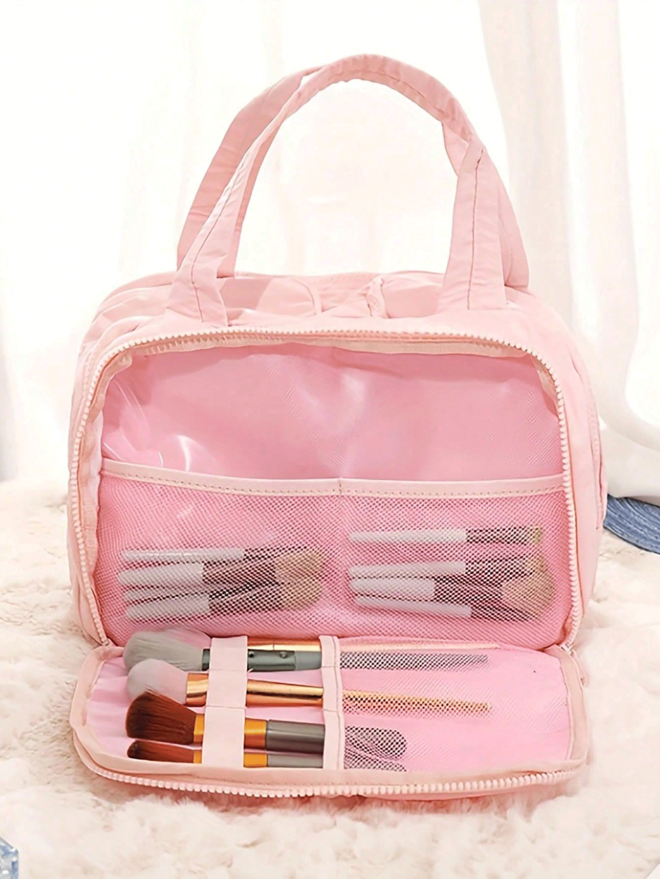 Large Capacity Fluffy Makeup Bag, Women's Multi-Functional Travel Handbag, Portable Cosmetic Storage Bag, Makeup Case, Makeup Container, Travel Essentials, School/Vacation/Cruise Necessities - Multicolor - View 2