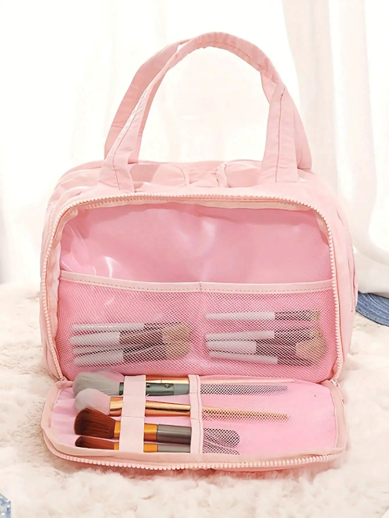 Large Capacity Fluffy Makeup Bag, Women's Multi-Functional Travel Handbag, Portable Cosmetic Storage Bag, Makeup Case, Makeup Container, Travel Essentials, School/Vacation/Cruise Necessities - Multicolor - View 3