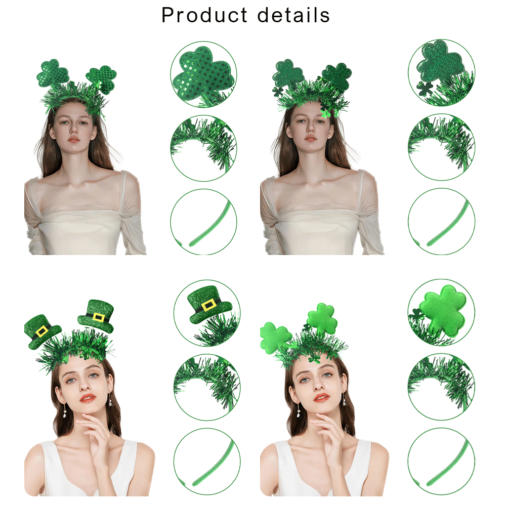 祝您好运！圣帕特里克节三叶草发箍 - 趣味十足、喜庆闪亮的绿色头饰，为圣帕特里克节庆祝活动增添光彩 - 彩色 - 查看 3