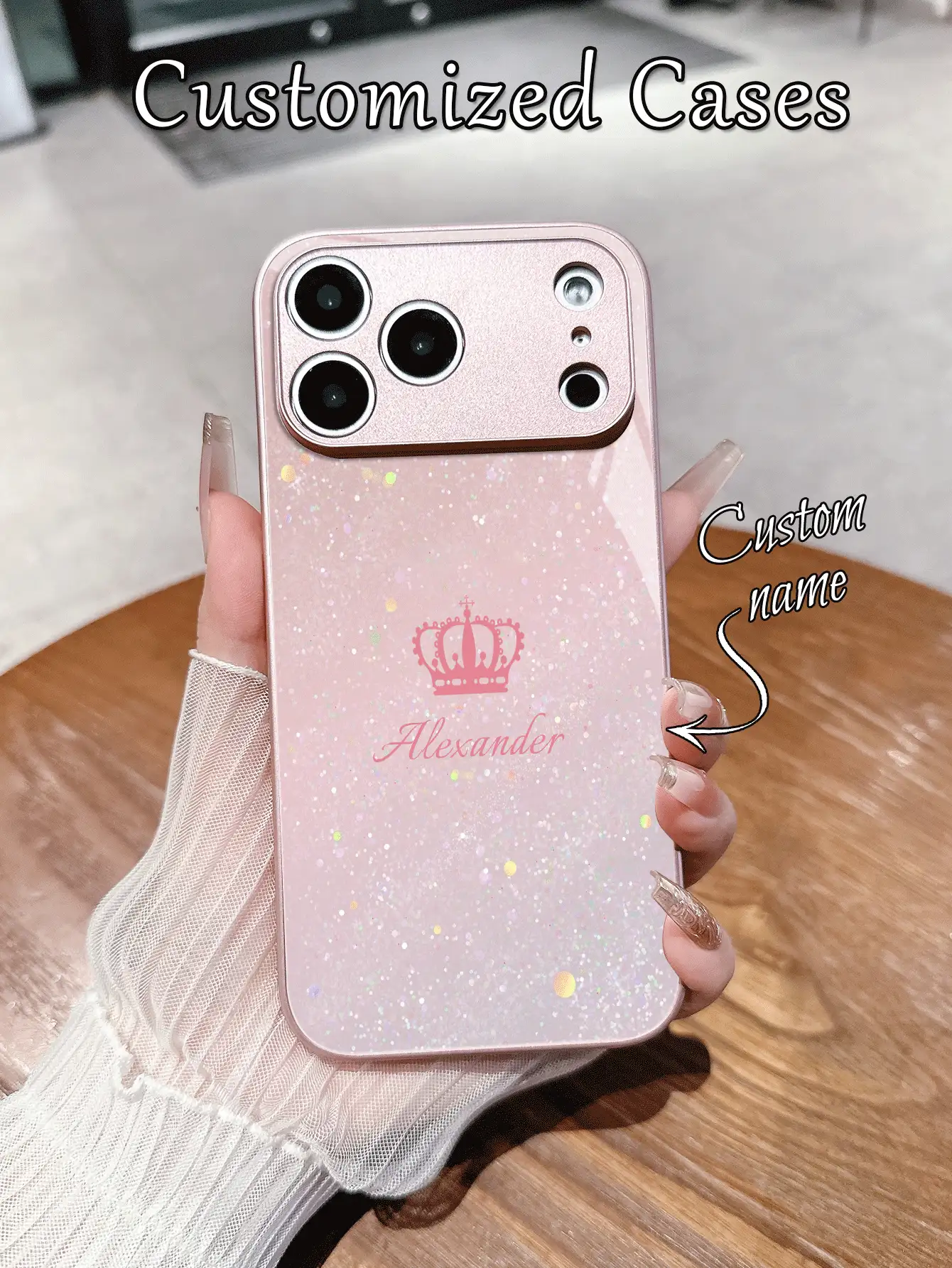 1pc Customized Name, Pink Glitter Minimalist Crown & Heart Pattern Creative Phone Case, Compatible With Samsung S24 Ultra/S25 Ultra And Apple 17 Pro Max/16 Pro Max/15 Pro/14 Plus/13 Pro/12 Pro Max/11/Xs Max/8/7/6 Plus, Suitable As Birthday Gift, For Girlfriend/Boyfriend Or Personal Use - Pink - View 2