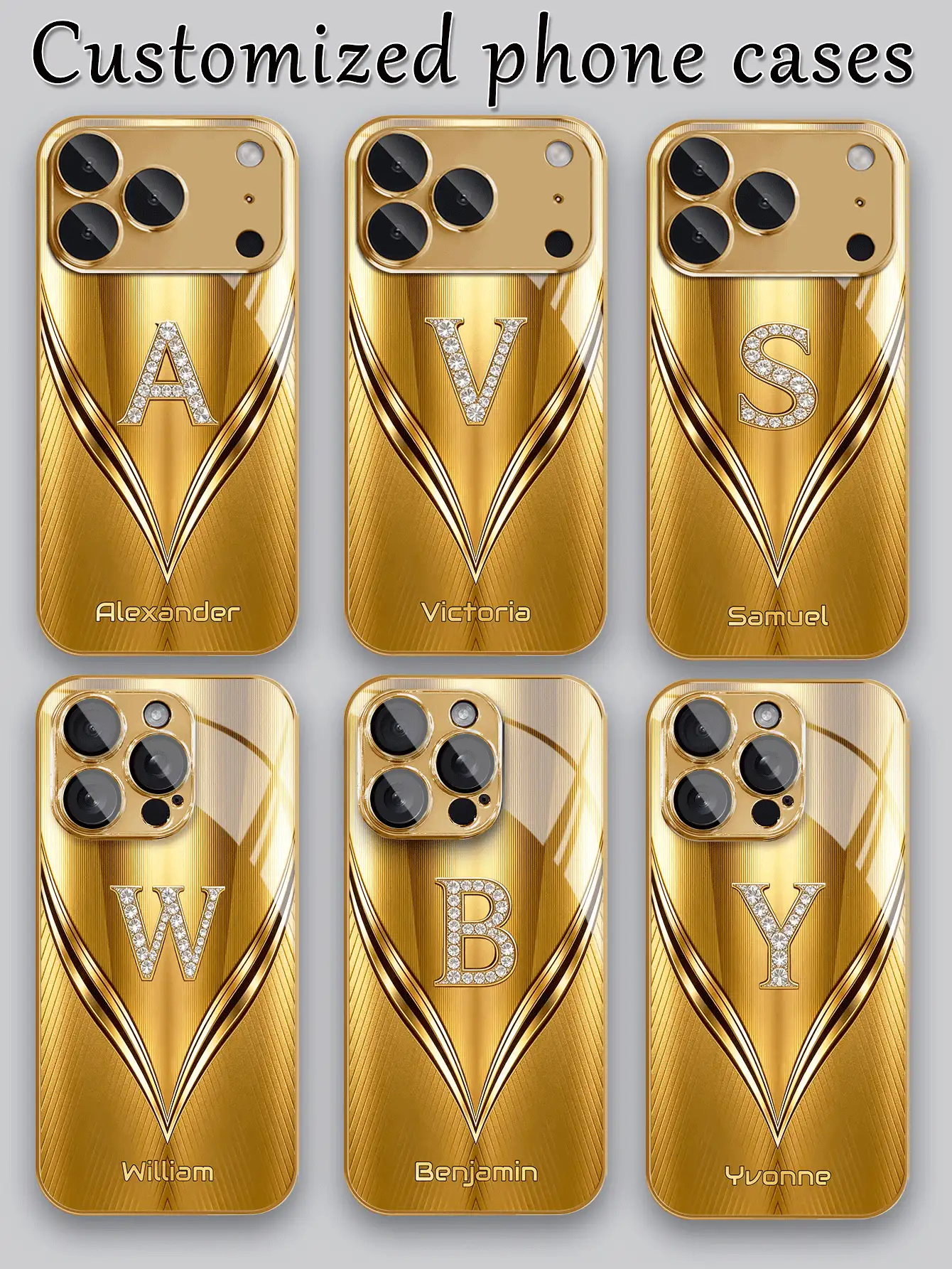 1 pieza Funda de teléfono de vidrio chapada en oro con textura en forma de V con 26 letras personalizables y decoración de manzana con rhinestones, compatible con iPhone 17 Pro Max/16 Pro Max/15/14 Plus/13 Pro/12 Pro Max/11/Xs Max/8/7/6 Plus, de moda, colorida, linda, divertida, minimalista, a juego - Dorado - Ver 2