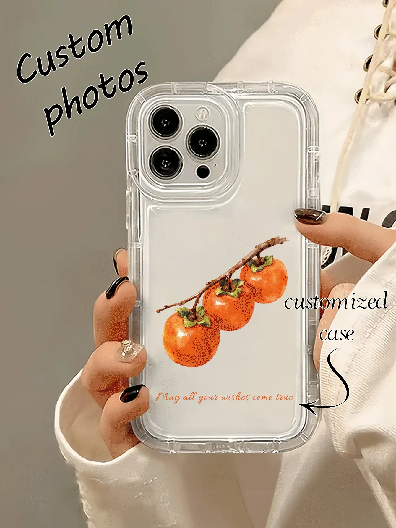1pc Customizable Name & Persimmon Pattern Transparent Airbag Shockproof Phone Case, Suitable Compatible With Apple 17 Pro Max/16 Pro Max/15 Pro/14 Plus/13 Pro/12 Pro Max/11 Pro Max/XR Max Phone Accessories - Clear - View 2