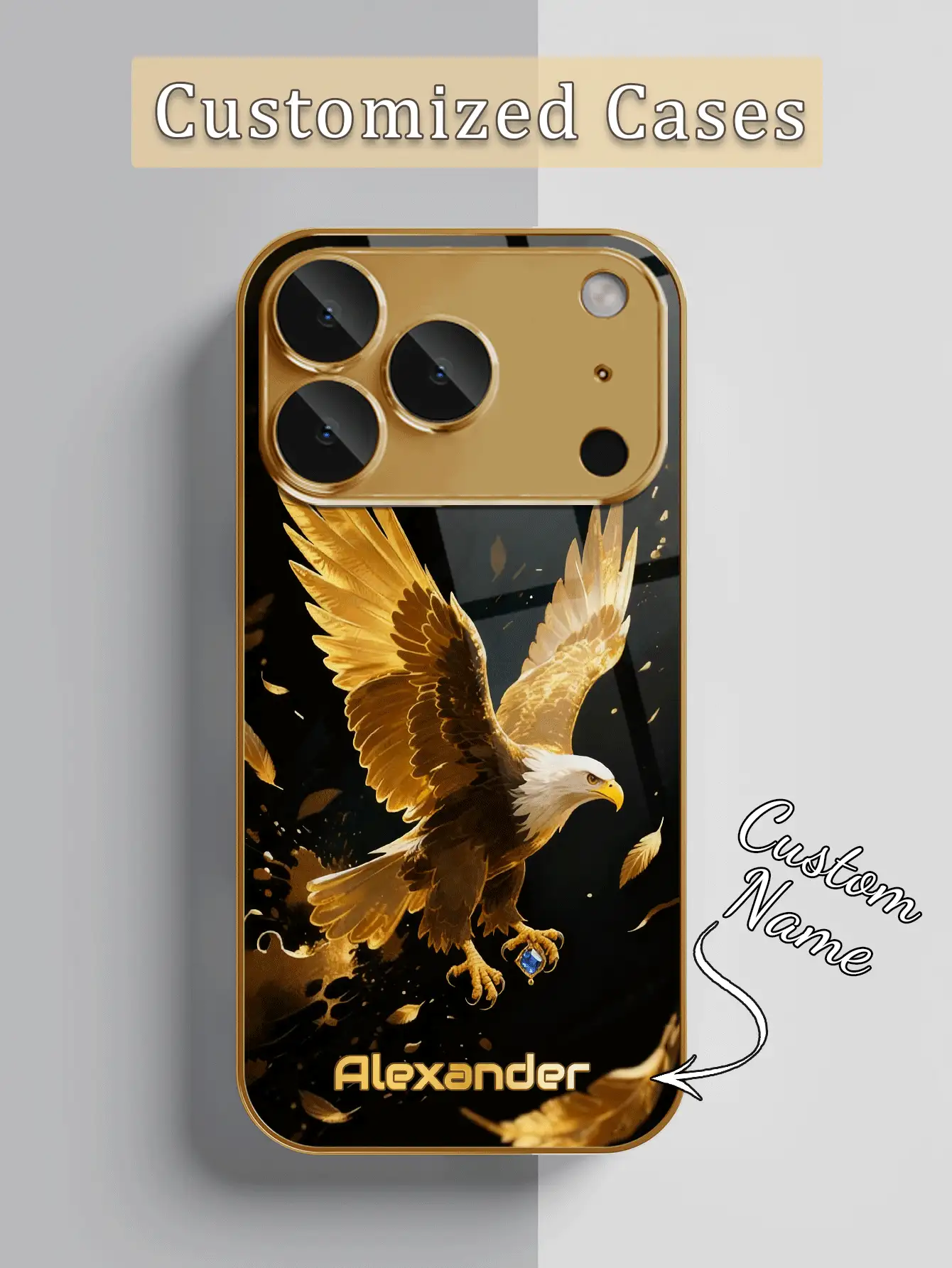 1 buah Casing Ponsel Kaca Tempered Berlapis Emas dengan Desain Elang Kristal Mewah dan Nama Kustom, Cocok untuk iPhone 17 Pro Max/Apple 16 Pro Max/15/14 Plus/13 Pro/12 Pro Max/11/Xs Max/8/7/6 Plus - Emas - View 2