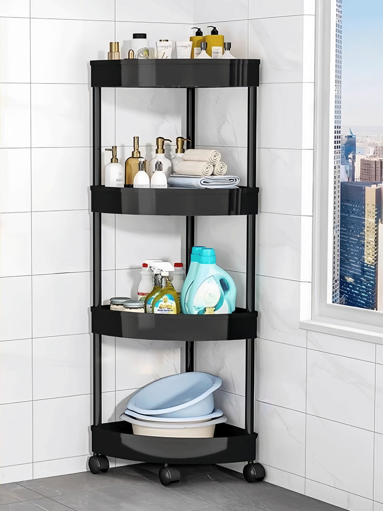 Rolling Storage Cart, Compact Corner Organizer On Wheels, Sturdy Plastic, Foldable And Assemble Required, No Electricity Required, Suitable For Kitchen, Living Room, Bedroom, Office, Commercial Hygiene & Bathroom Items, Multi-Purpose Storage Basket - Black - View 2