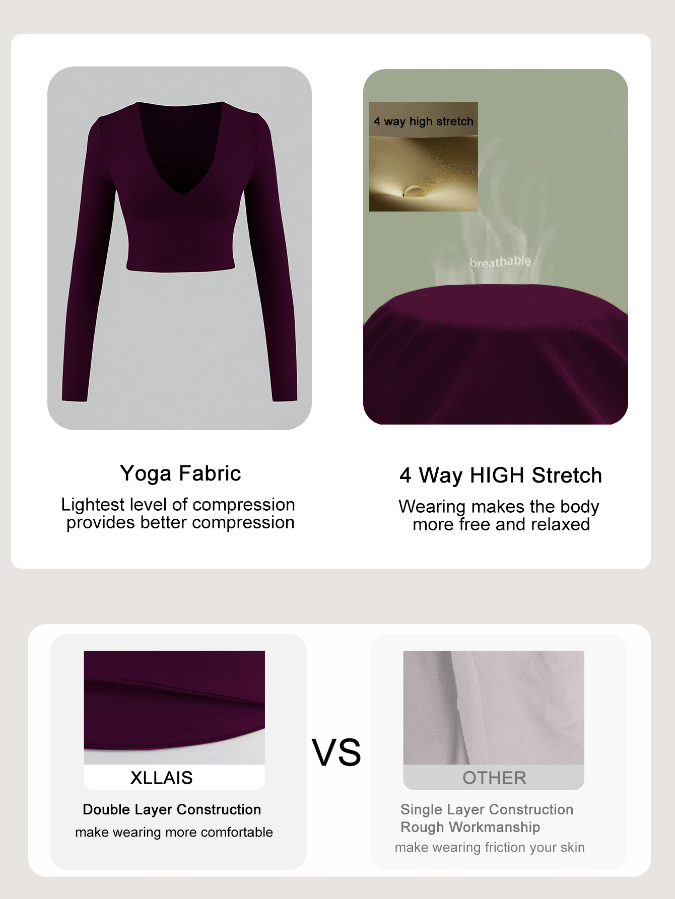 XLLAIS Sexy V-Neck Long Sleeve Cropped Top, Double-Layer High Elasticity Yoga Fabric Casual - Purplish-red - View 8