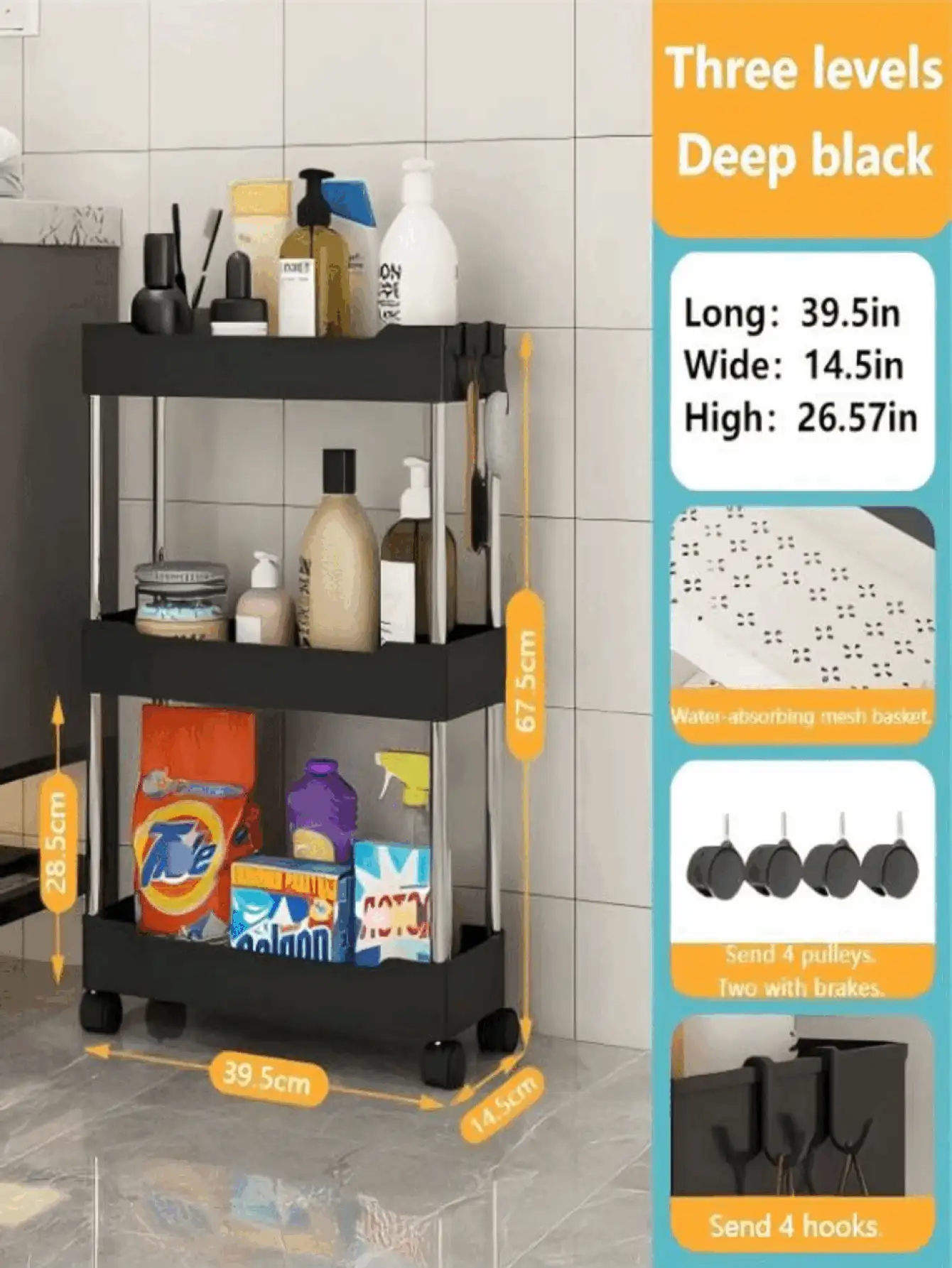Estantería de almacenamiento móvil de varios niveles, adecuada para baño, inodoro, sala de estar, cocina, estantería de almacenamiento móvil compacta, decoración del hogar y el baño, organización del almacenamiento, decoración de otoño, decoración de vuelta al colegio - Multicolor - Ver 3