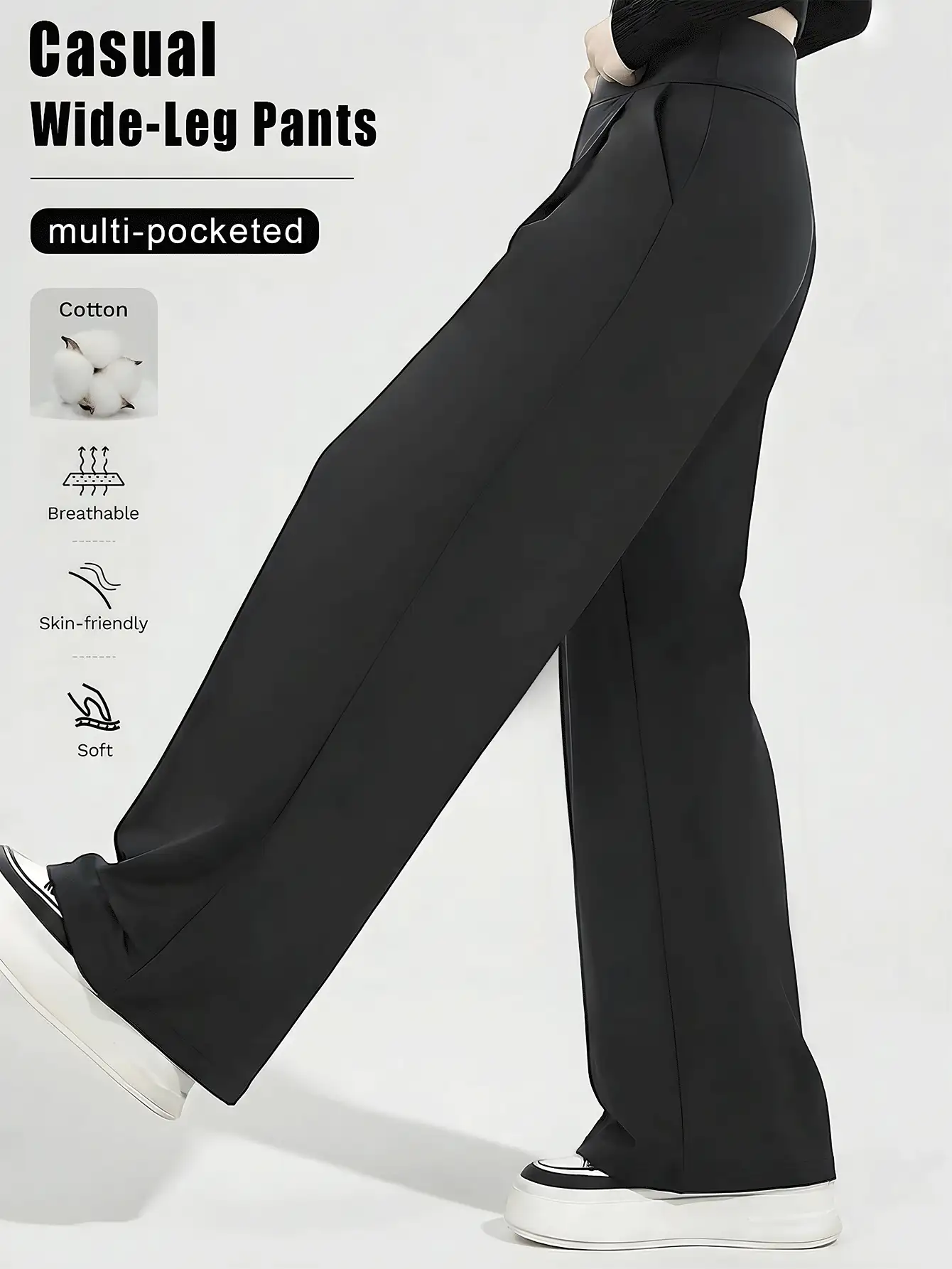 女士春夏休闲柔软健身瑜伽阔腿裤，时尚日常户外显瘦口袋宽松长裤 - 黑色 - 查看 3