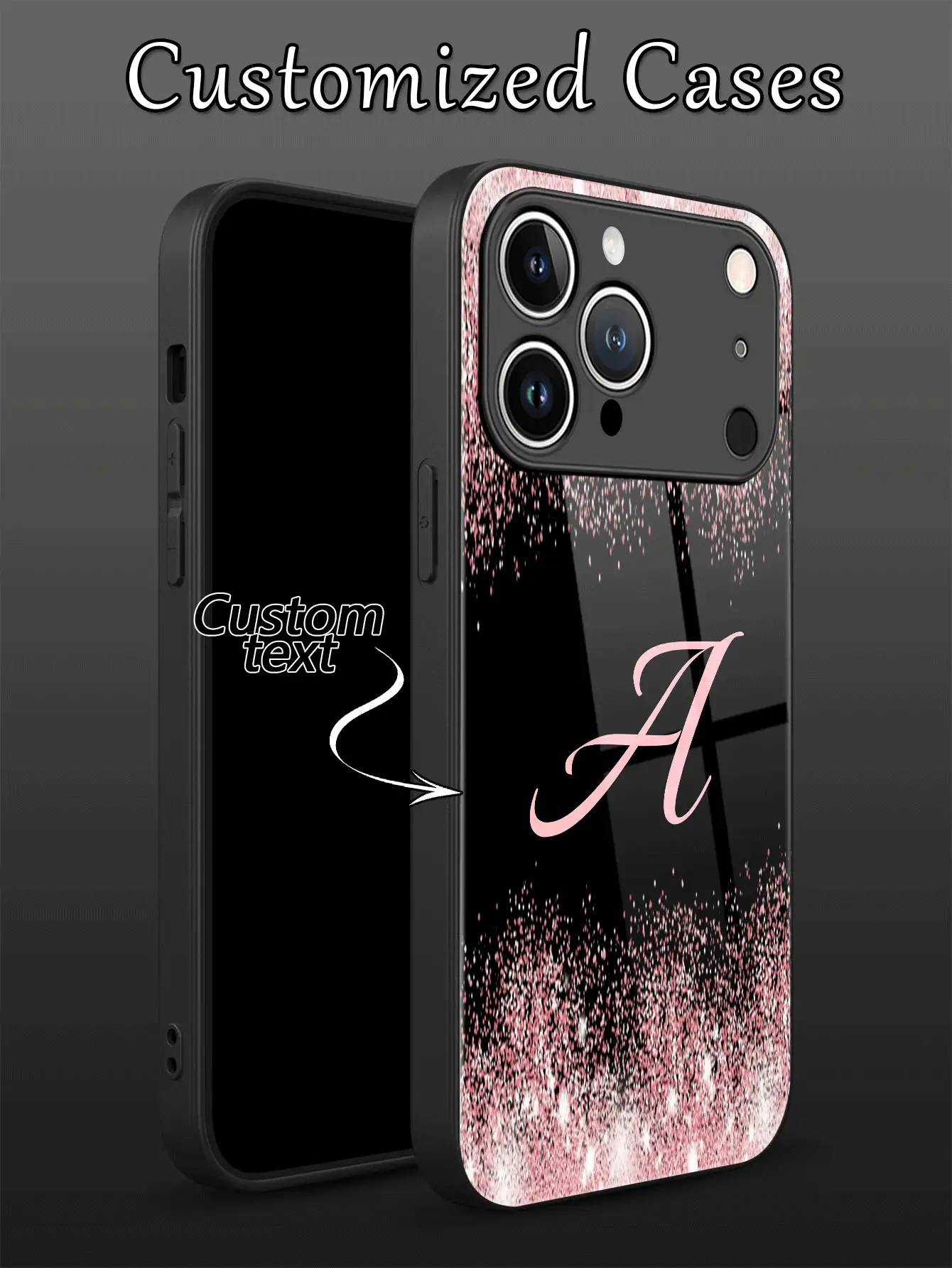 1pc Customized Letter, Black & Pink Gradient Glitter Pattern Liquid TPU Full Edge + Tempered Glass Shockproof Scratch-Resistant Phone Case Compatible With Apple 17 Pro Max/16 Pro Max/15 Pro/14 Plus/13 Pro/12 Pro Max/11/Xs Max/8/7/6 Plus, S24 Ultra/S25 Ultra, / Phones - Black - View 2