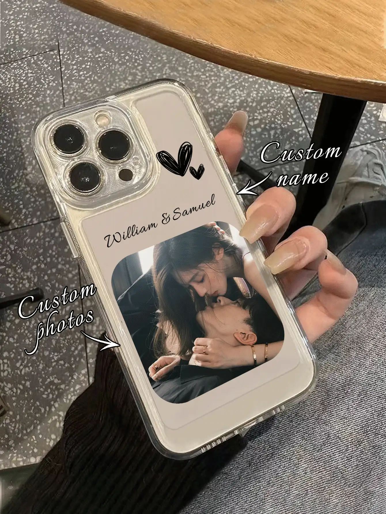 1个定制个人照片，DIY爱人名字心形设计超薄透明TPU手机壳，适用于 17 Pro Max/16 Pro/15 Pro/14 Plus/13 Pro/12 Pro Max/11/Xs Max/8/7/6 Plus，高端商务，送给领导、朋友、父亲、母亲、男友、女友的礼物 - 白色 - 查看 2