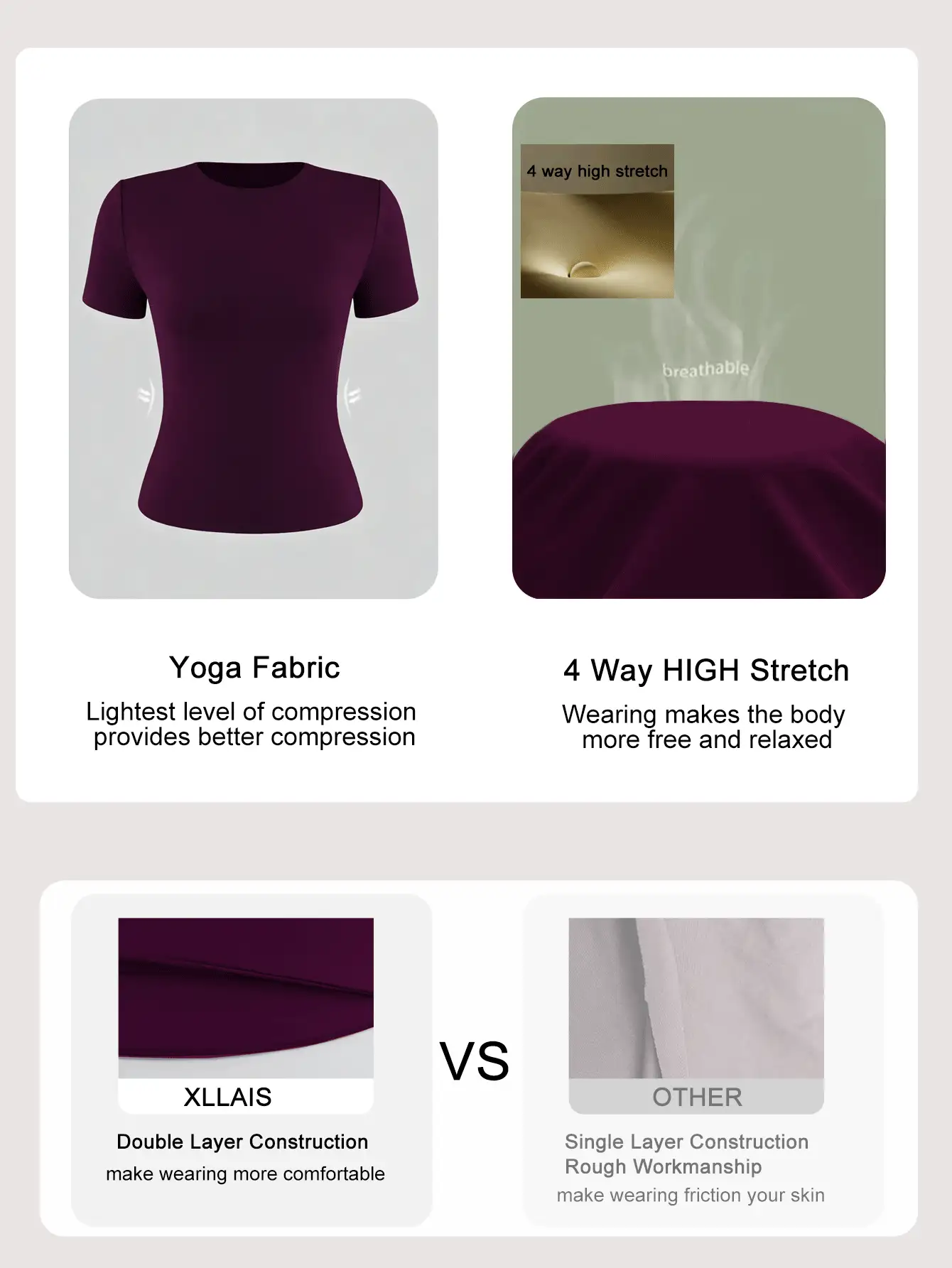 XLLAIS 2026 女士圆领短袖基础纯色修身休闲T恤，夏季 - 紫紅色 - 查看 4