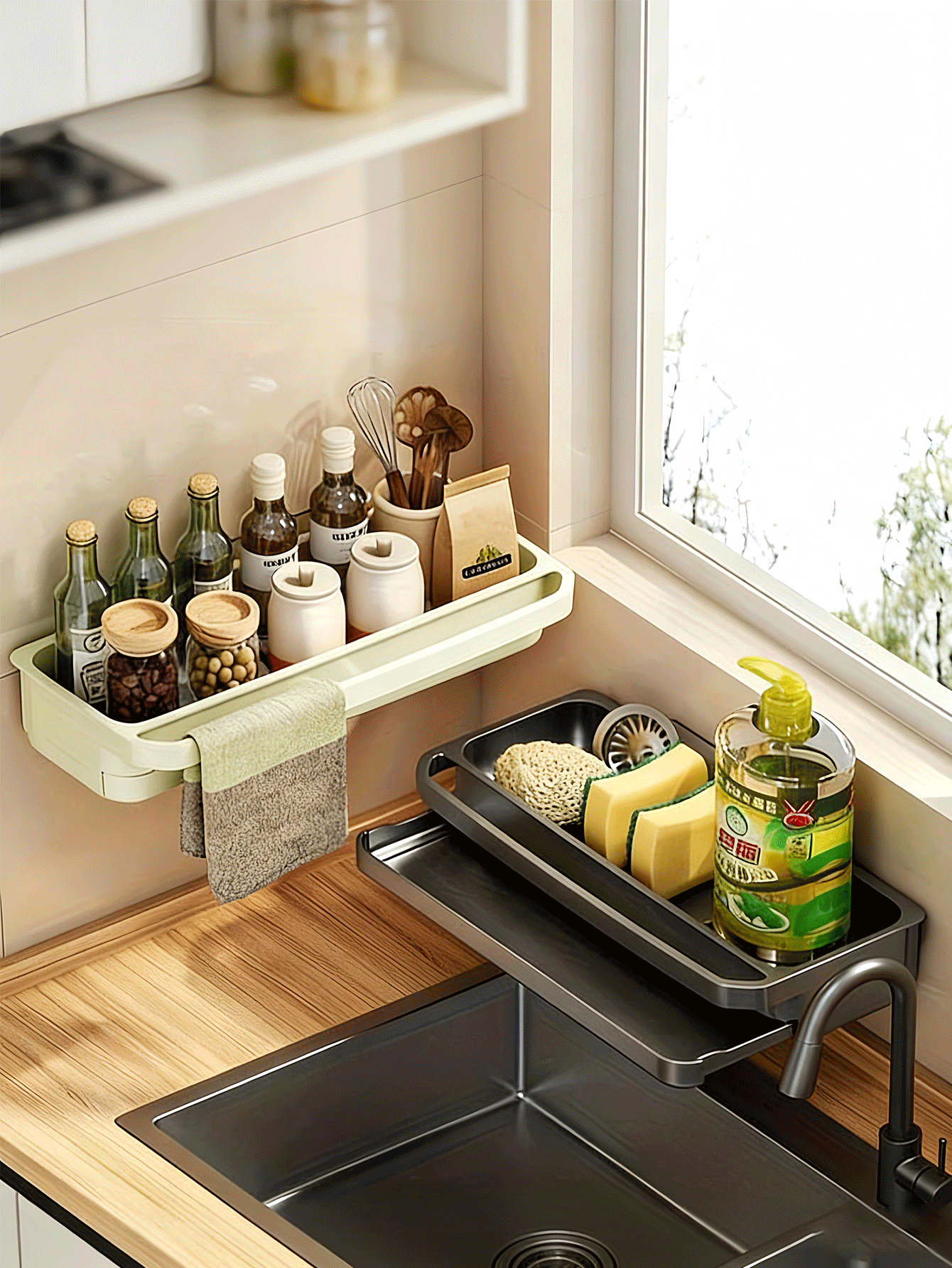 Wall-Mounted Kitchen Storage Rack With Sponge Holder And Dish Rack - Durable PP Plastic Space-Saving Sink Storage Rack, Multi-Functional Plastic Storage Rack Set For Sponge, Soap, Towel, Installed Above Faucet, Modern Design Kitchen Sink Accessories, Bathroom Accessories, Kitchen Accessories, Kitchen Storage - Multicolor - View 2