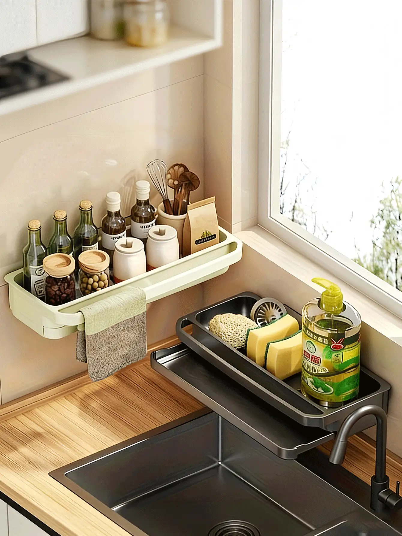 Wall-Mounted Kitchen Storage Rack With Sponge Holder And Dish Rack - Durable PP Plastic Space-Saving Sink Storage Rack, Multi-Functional Plastic Storage Rack Set For Sponge, Soap, Towel, Installed Above Faucet, Modern Design Kitchen Sink Accessories, Bathroom Accessories, Kitchen Accessories, Kitchen Storage - Multicolor - View 2