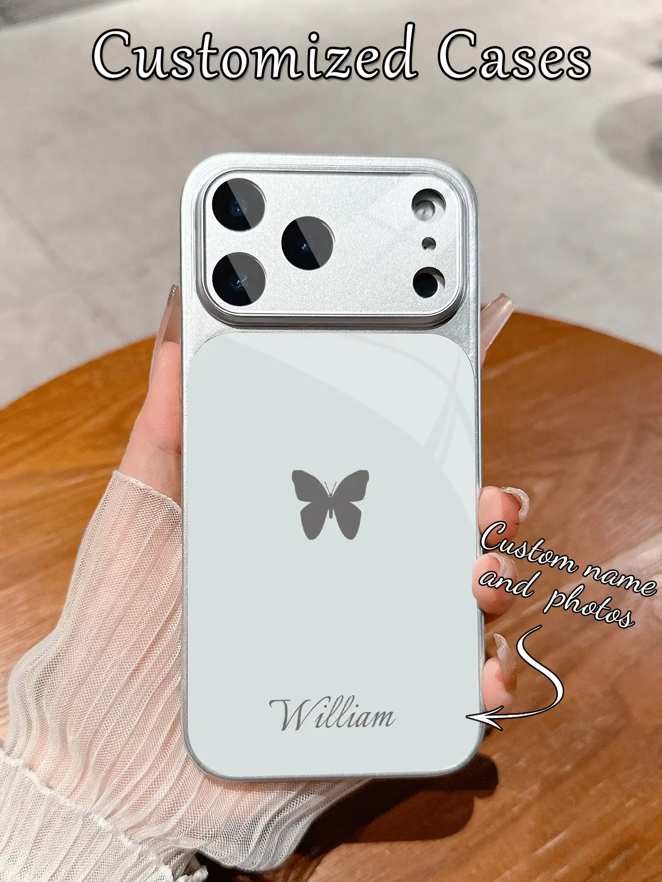 1pc Customized Name, Minimalist Heart Design, Luxury Fashion Large View Window Tempered Glass With Lens Protection Matte Anti-Drop Phone Case, Compatible With IPhone 17/17Pro/17ProMax/17Air/16/16Pro/16ProMax/16Plus/15/15Plus/15Pro/15ProMax/14/14Plus/14Pro/14ProMax/13/13Pro/13ProMax/12/11 Phone Accessories, Full Coverage Premium Protection - Silver - View 5