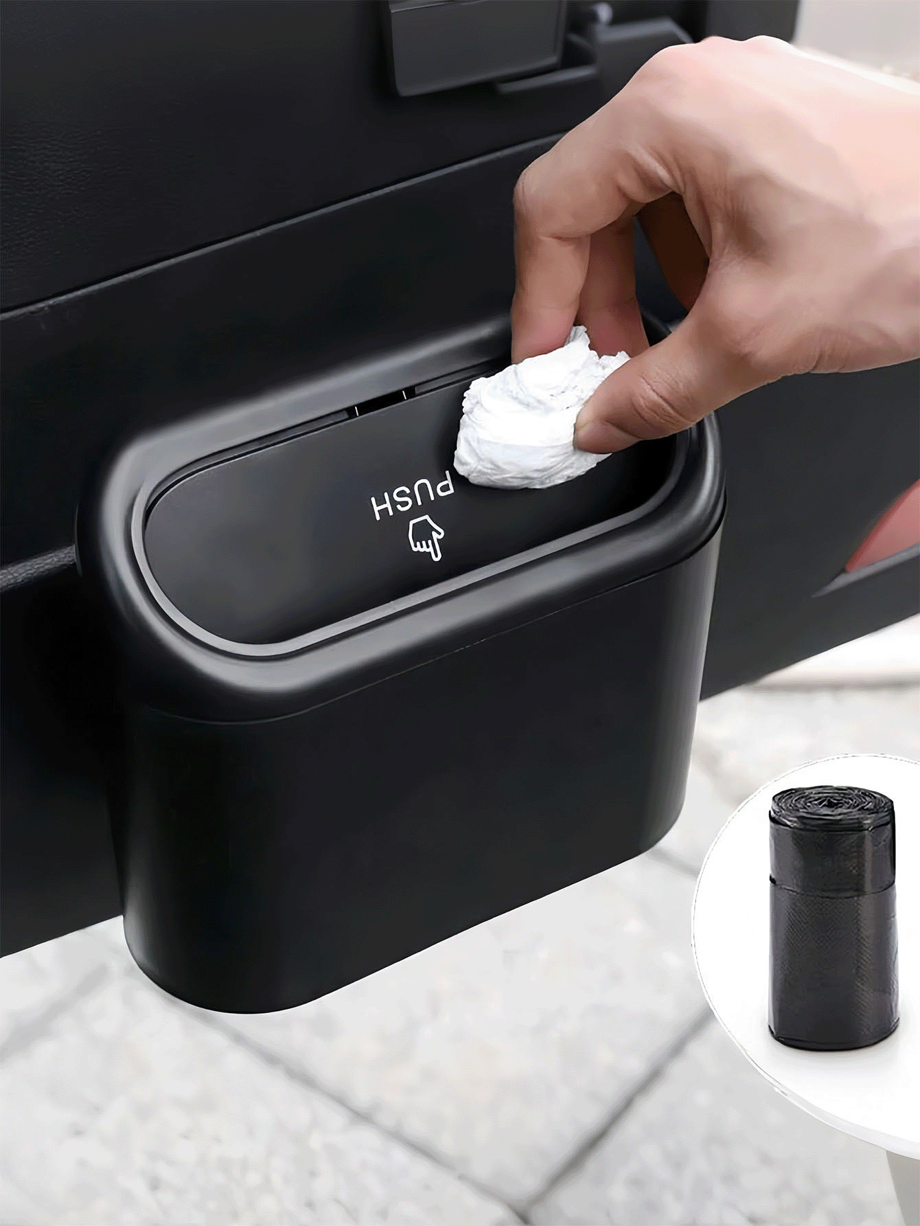 带盖车门挂式垃圾桶，附赠一卷垃圾袋，通用防漏迷你车载垃圾桶，可悬挂于台面，适用于汽车、厨房、卧室、浴室、办公室、宿舍和旅行，多功能家居及车载收纳方案，汽车配件，车载垃圾桶，家居收纳，家居装饰 - 彩色 - 查看 2