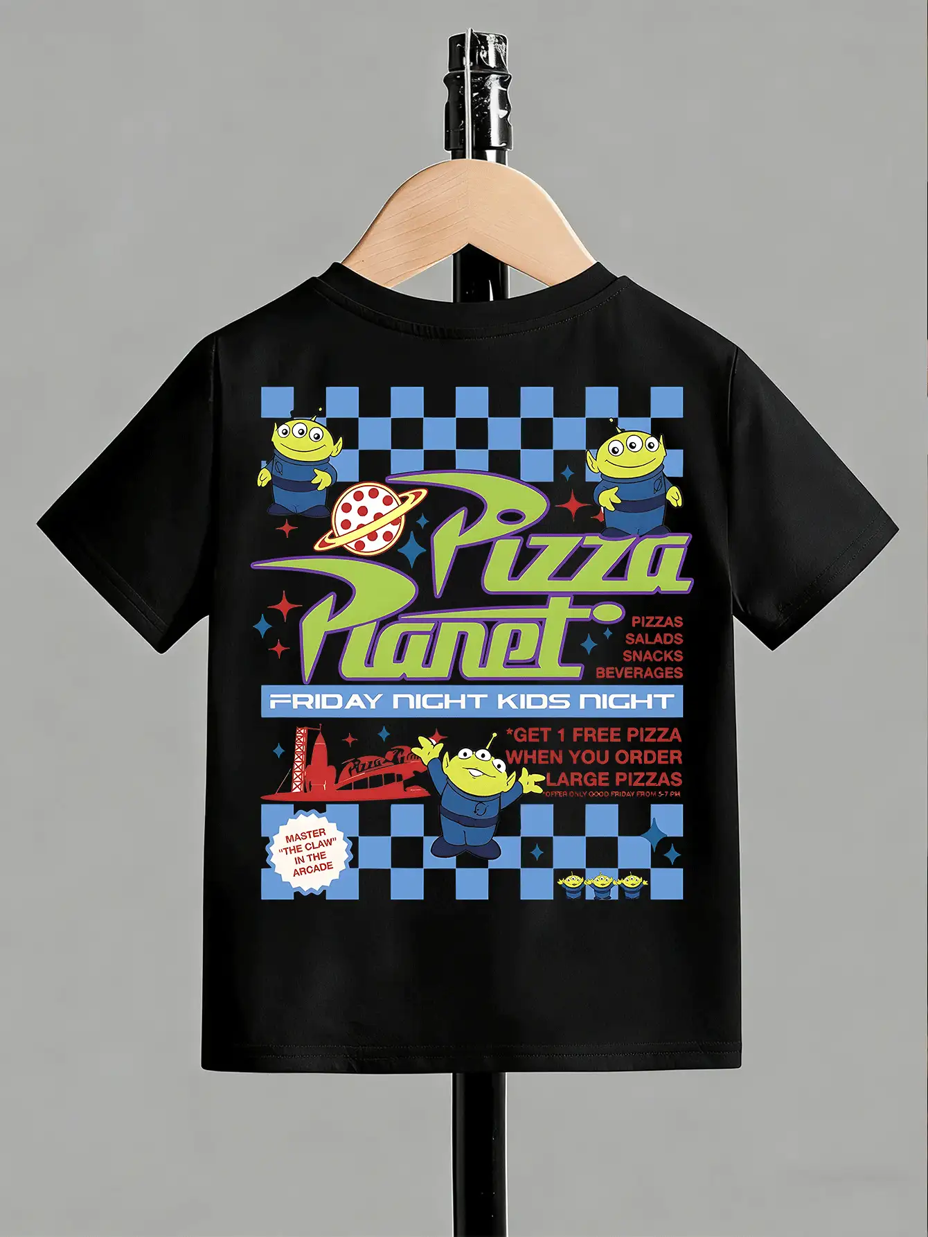 Disney-Full Of Childlike Charm! Toy Story 3's Eevee Pizza Planet Parent-Child T-Shirt, Unisex Baby Pure Cotton Loose Short Sleeve Retro Checkered Cartoon Top - Black - View 2