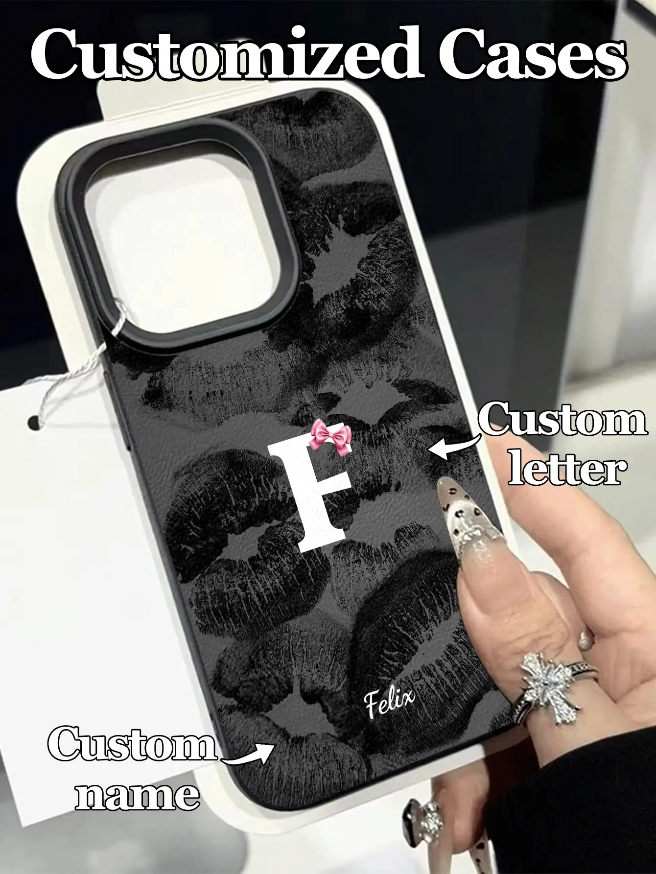 1pc Customizable Neon Lip Print Letter Design Phone Case, Compatible With IPhone 17 Pro Max/17 Air/16E/16 Pro Max/15/14 Plus/13/12/11, S24/20 Ultra/A52S/A31 A21S/A13/A05S, Note 13 Pro Plus/Note 10/Note 12C/Note 13C, Made Of TPU Material, Fashionable Personalized Anti-Drop, Unisex High-Quality Bestseller, Overall Minimalist Style, Suitable For Girlfriends, Couples, Personal Use, Holiday Gifts, Valentine's Day, Fits Various Scenarios - Black - View 2