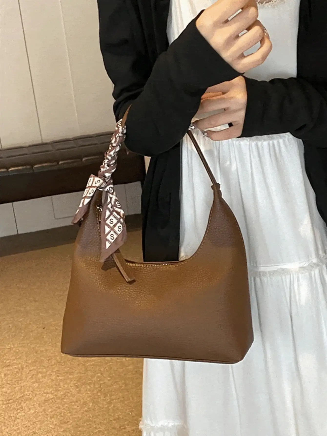 [Delivery Within 2-7 Days In The United States] Textured Brown PU Leather Hobo Bag With Scarf Decor Handle Zipper Versatile Shoulder Handbag For Women Casual Daily Commuter Fashion Purse - Brown - View 4