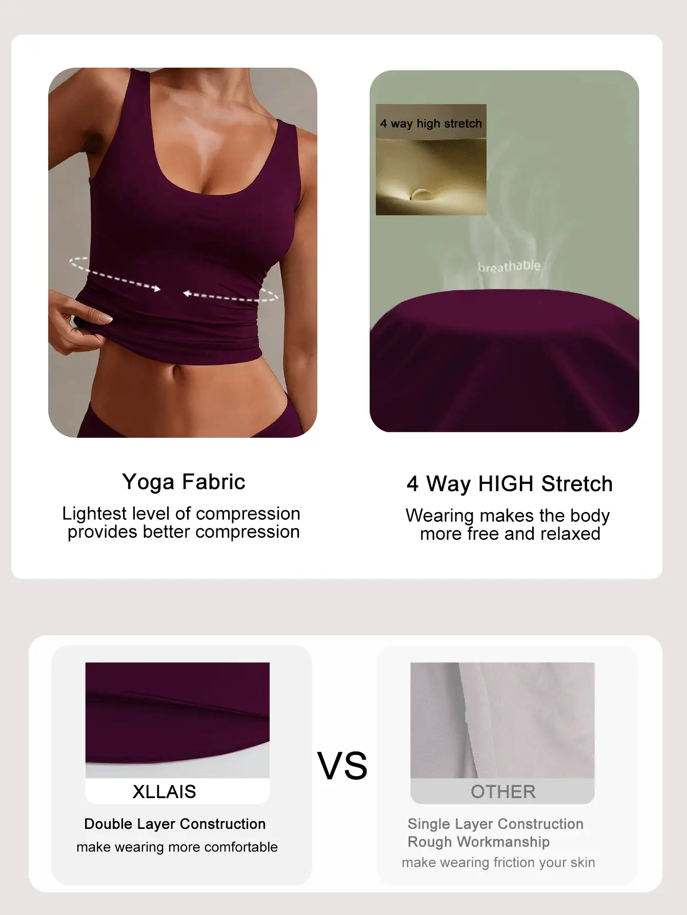 XLLAIS Summer Fashionable Sexy Solid Color U-Neck Sleeveless Fitted Stretchy Casual Sports Tank Top - Purplish-red - View 5