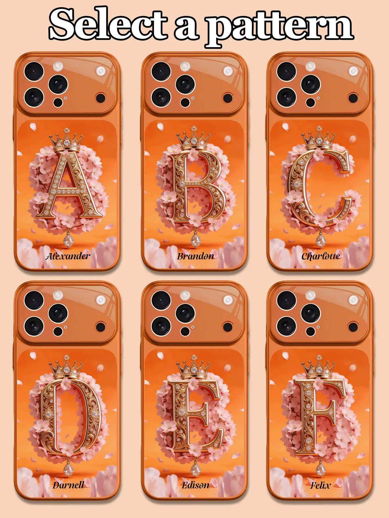 1pc Customizable Text & Letter Design Phone Case With Pink Sakura Scroll Pattern & Hollow Details, Made Of Tempered Glass, Suitable For IPhone 17 ProMax/17 Air/15/16 Pro/14 Plus/13 Pro/12 Pro Max/11 Models, Tempered Glass Camera Protection, Tempered Glass Back Cover, Large Window Phone Protective Case, Best Gift For Friends And Family - Orange - View 3