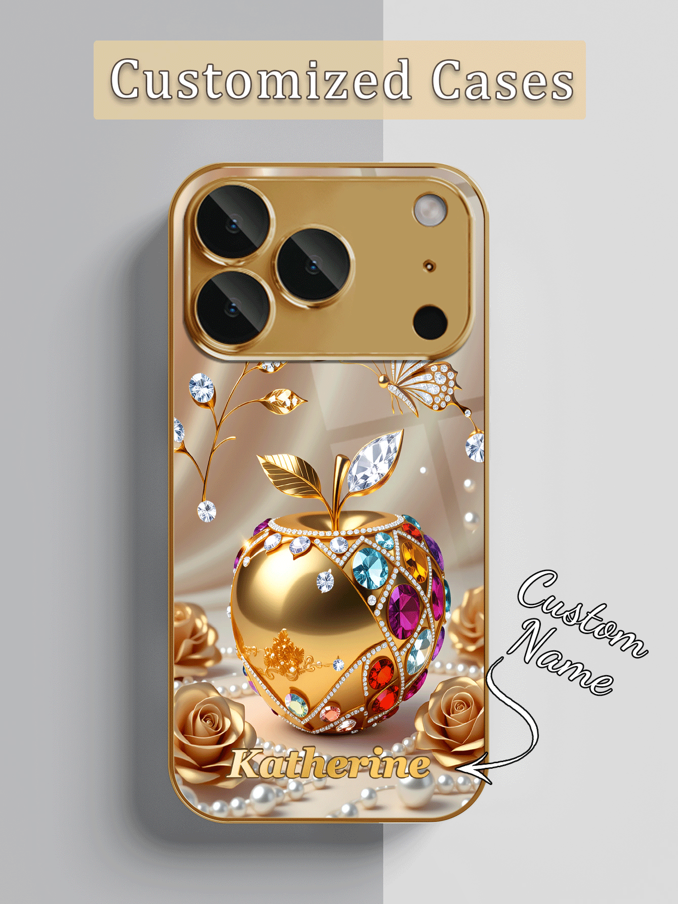 1pc Customizable Name, Colorful Rhinestone Gold Apple Rose Pattern Phone Case, Electroplated Gold Glass Suitable For IPhone 17 Pro Max/16 Pro Max/15/14 Plus/13 Pro/12 Pro Max/11/Xs Max/8/7/6 Plus, Fashionable, Colorful, Cute, Fun, Minimalist, Matching Phone Case - Gold - View 2
