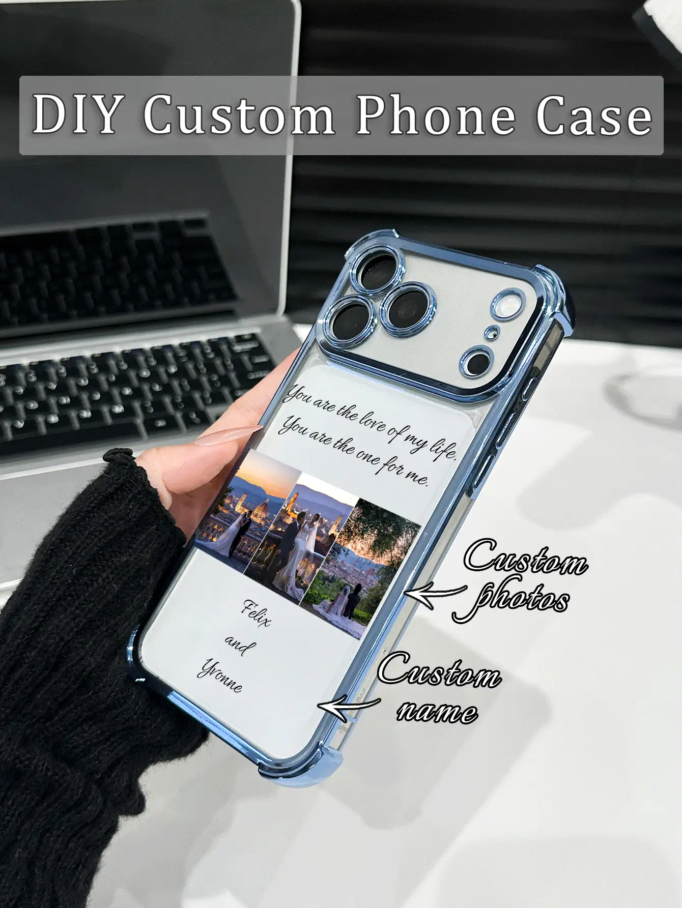 1pc Customized 3-Photo DIY Name Phone Case, Blue Electroplated Transparent 4-Corner Anti-Drop Material Compatible With Iphone 17 Pro Max/16 Pro Max/15 Pro/14 Plus/13/12/11/XR/XS MAX And S26/S25 Ultra/S24 Ultra/S23 Ultra/S22 Ultra/S21 Ultra/S21 Plus/S21 FE/S20 FE, Fashionable, Colorful, Cute, Fun, Minimalist, Matching Phone Case, Kawaii Customized, Personalized, Unique, Ideal Customized Gift For Boyfriend, Girlfriend - Blue - View 2