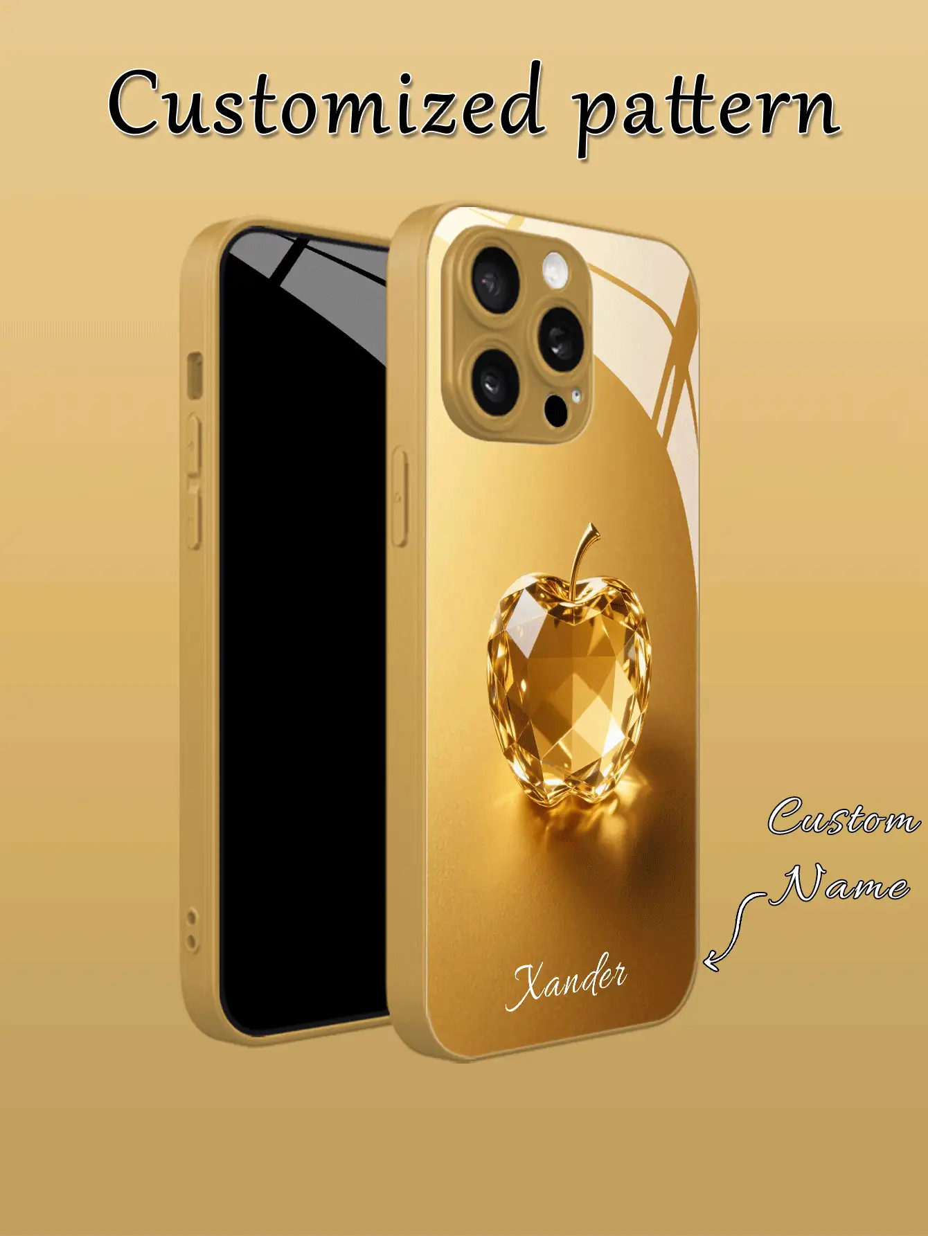 1件客製化姓名奢華金蘋果圖案電鍍玻璃手機殼,適用於Apple Duo/18ProMax/17ProMax/16 Pro Max/15/14 Plus/13 Pro/12 Pro Max/11/XsMax/8/7/6Plus,適用於 S24 Ultra/S25ULTRA/S26,時尚多彩可愛有趣簡約,Kawaii客製化個性獨特情侶配對手機殼,理想禮物送給男友、女友、家人、朋友、祖父母、情侶,手機保護殼配件 - 金色 - 查看 2