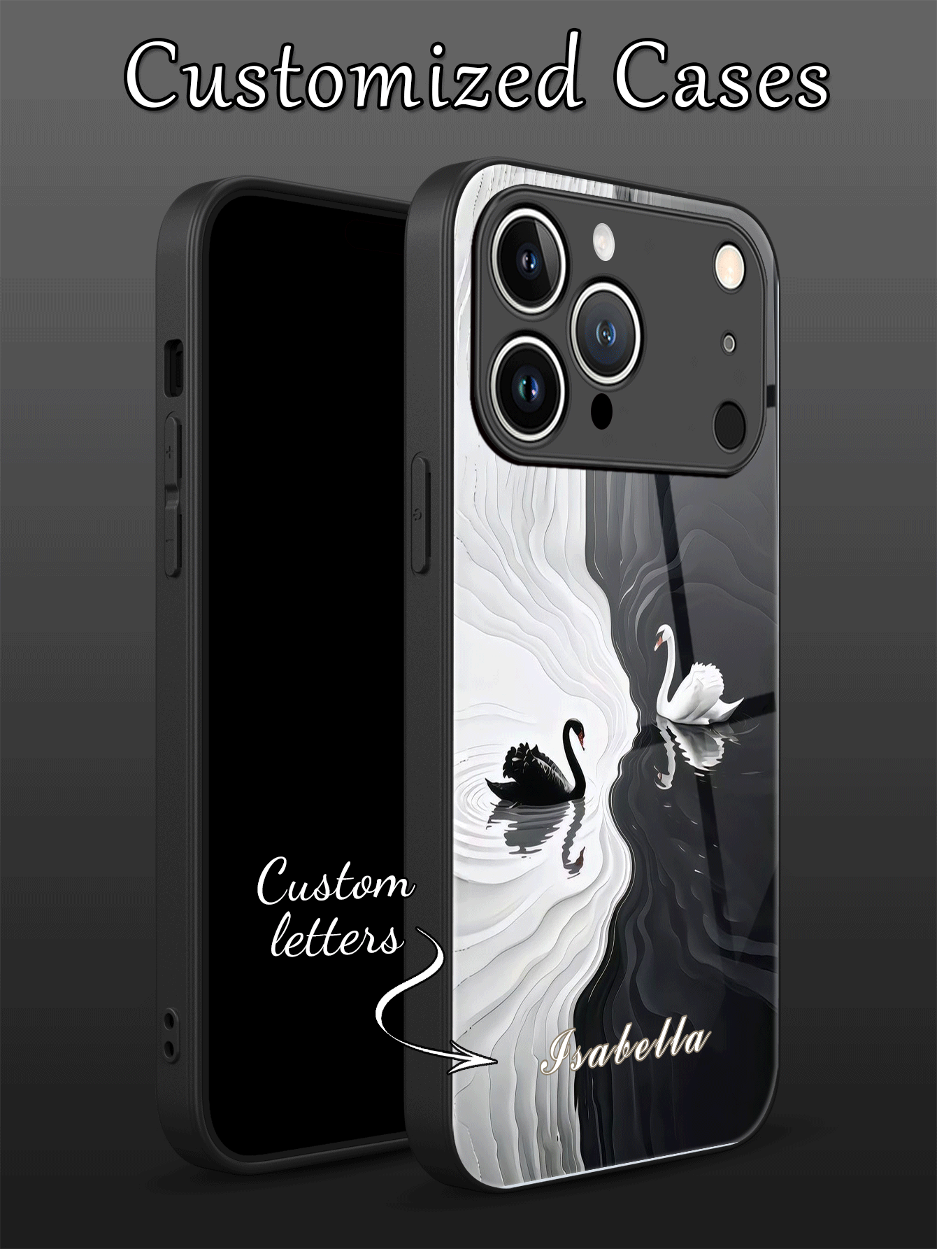1pc Customized Name & Black White Swan Pattern Liquid TPU Full Edge + Tempered Glass Shockproof Anti-Scratch Phone Case Compatible With Apple 17 Pro Max/16 Pro Max/15 Pro/14 Plus/13 Pro/12 Pro Max/11/Xs Max/8/7/6 Plus, S24 Ultra/S25 Ultra, / Phone Accessories - Black - View 2