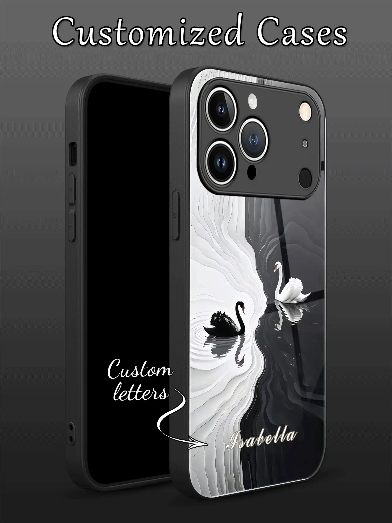 1pc Customized Name & Black White Swan Pattern Liquid TPU Full Edge + Tempered Glass Shockproof Anti-Scratch Phone Case Compatible With Apple 17 Pro Max/16 Pro Max/15 Pro/14 Plus/13 Pro/12 Pro Max/11/Xs Max/8/7/6 Plus, S24 Ultra/S25 Ultra, / Phone Accessories - Black - View 2