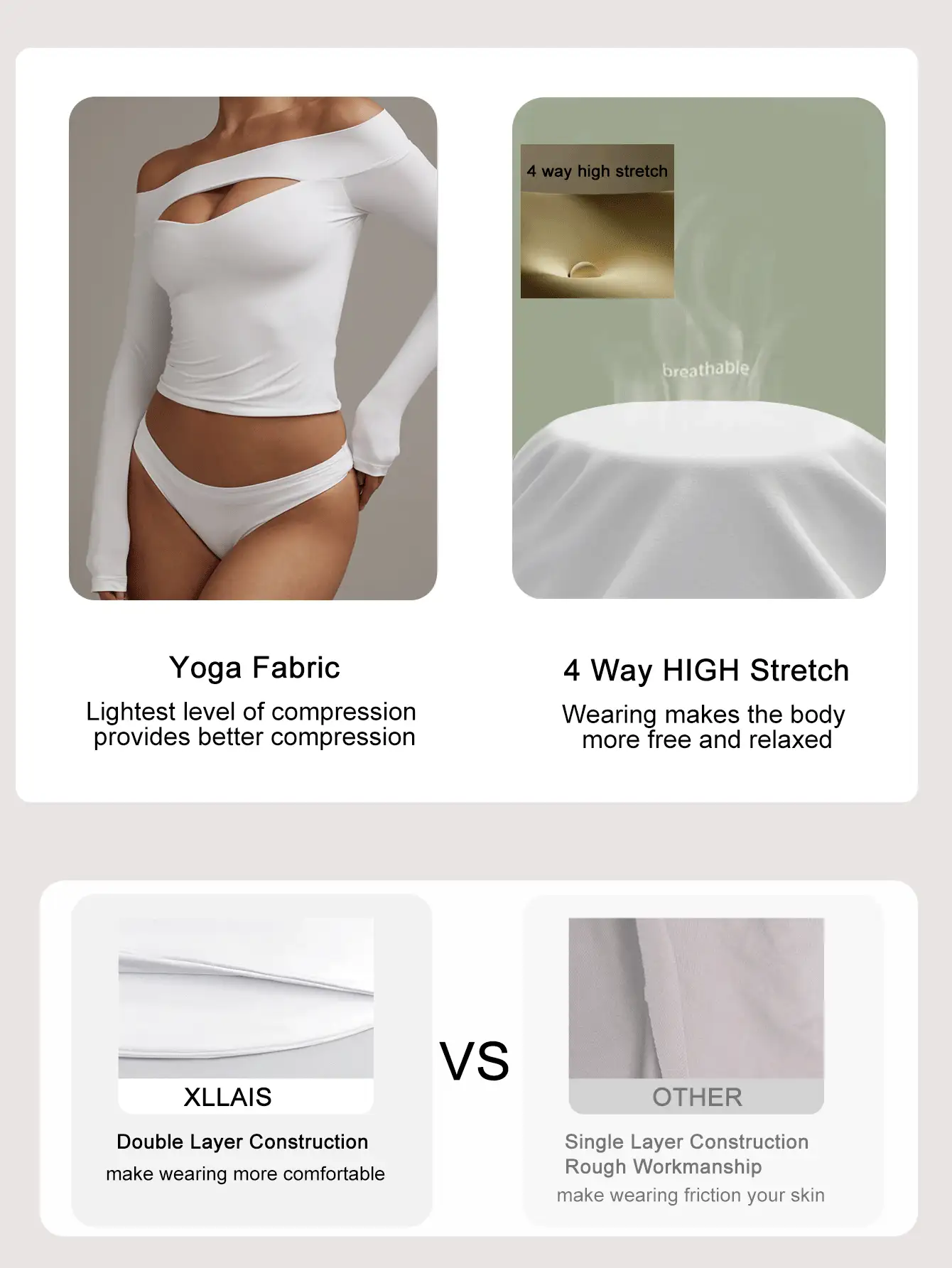 XLLAIS 2025秋冬女款性感长袖白色露肩上衣，高弹镂空修身T恤，休闲春季款 - 白色 - 查看 2