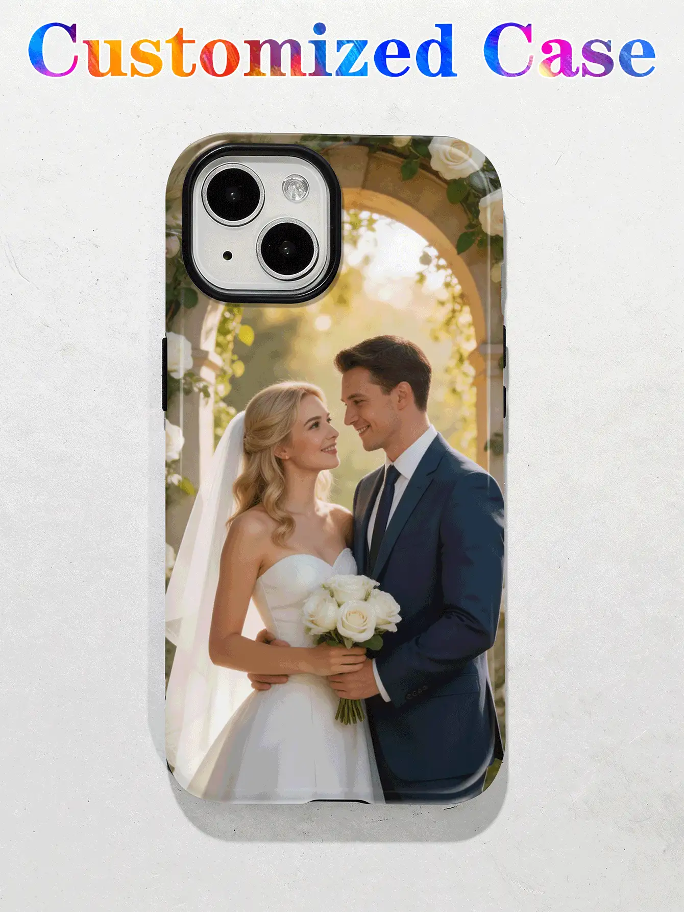 定制情侣结婚纪念照加厚防震手机壳，送给妻子的礼物，送给丈夫的礼物，适用于S21 22 23 24，A12 A13 A15 A14/A21s，XR 11 13 15 16 Pro Max，国际版，非国内版 - 彩色 - 查看 3