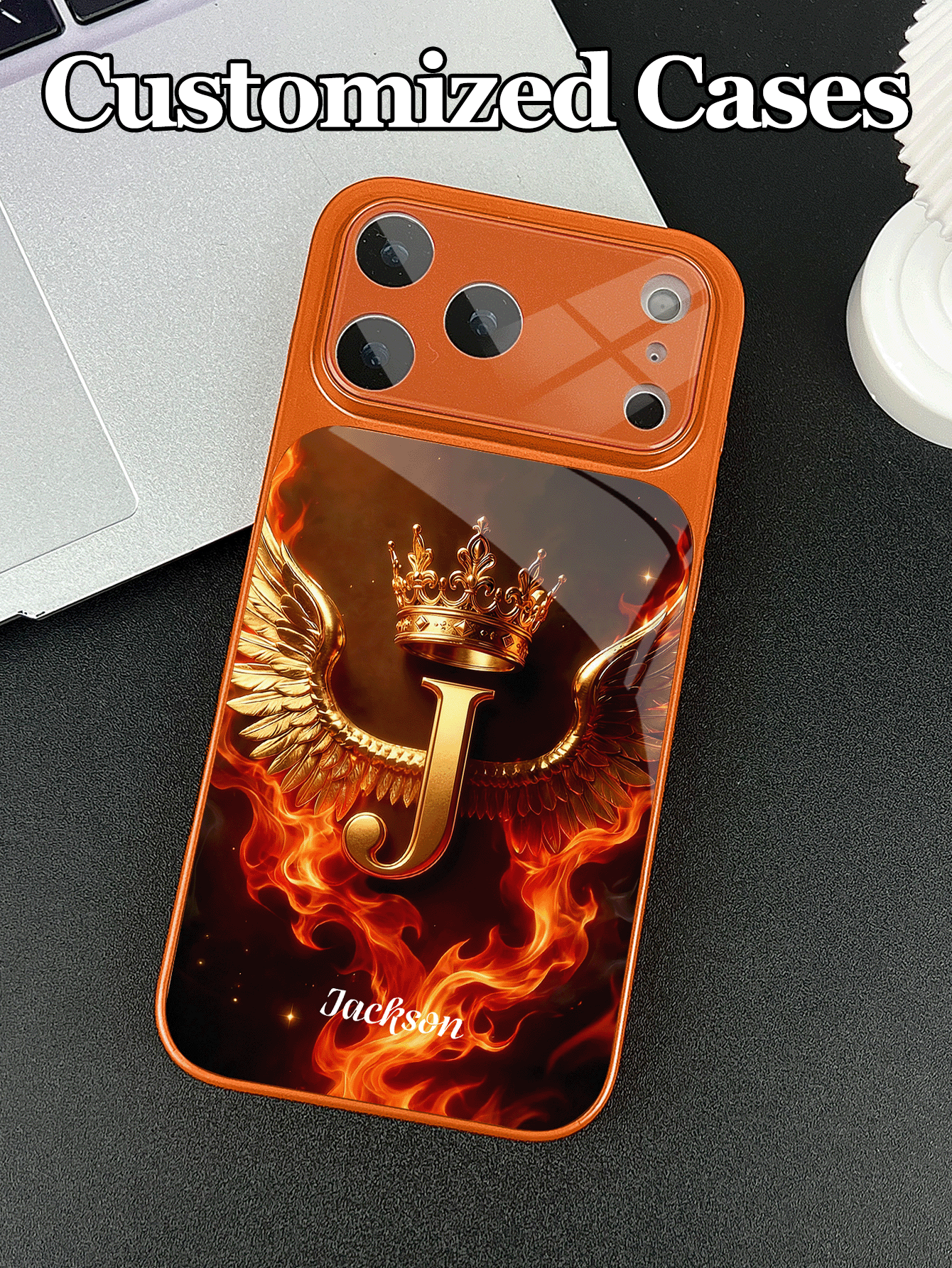 1 pièce Étui de téléphone en verre trempé personnalisable avec design de texte et lettres, décorations d'ailes, de couronne, de cœur et texture de flamme en arrière-plan. Convient pour iPhone 17 ProMax/17 Air/15/16 Pro/14 Plus/13 Pro/12 Pro Max/11. Protection de l'objectif de la caméra et du dos. Grande fenêtre de protection pour le téléphone. Meilleur cadeau pour les amis et la famille - Orange - Voir 2