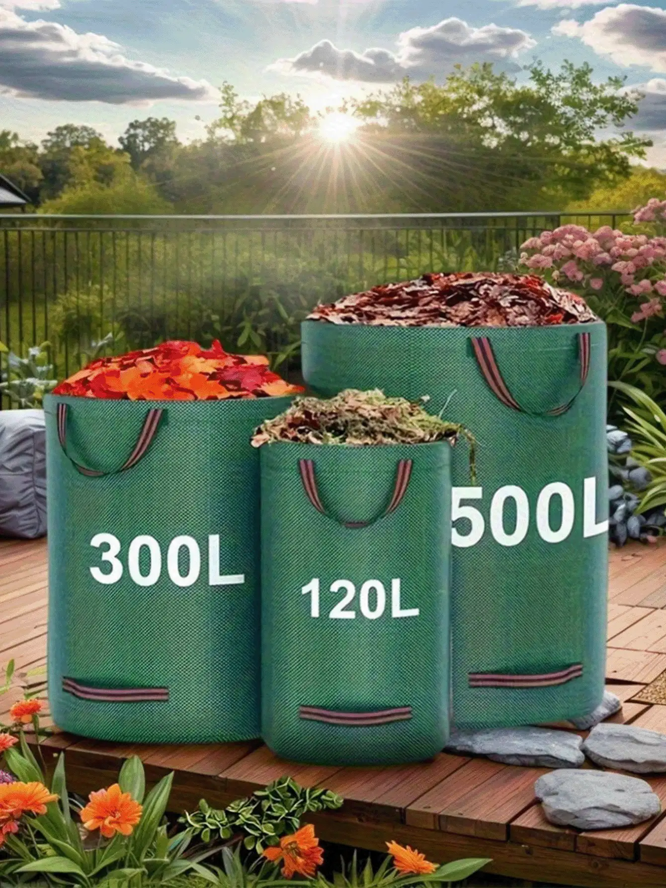 可重复使用的花园垃圾袋,落叶收集袋 - 120/272/300 加仑容量,适用于草坪清洁、垃圾和杂物、落叶、衣物及其他杂物,耐用可折叠设计,结实手柄,非常适合花园清洁和庭院维护,园艺工具,园艺用品,园艺配件,复活节用品,植物用品,草坪和花园耙,室内装饰,室外装饰,储物袋,户外家具套装,庭院家具套装 - 戶外垃圾袋 - 查看 3